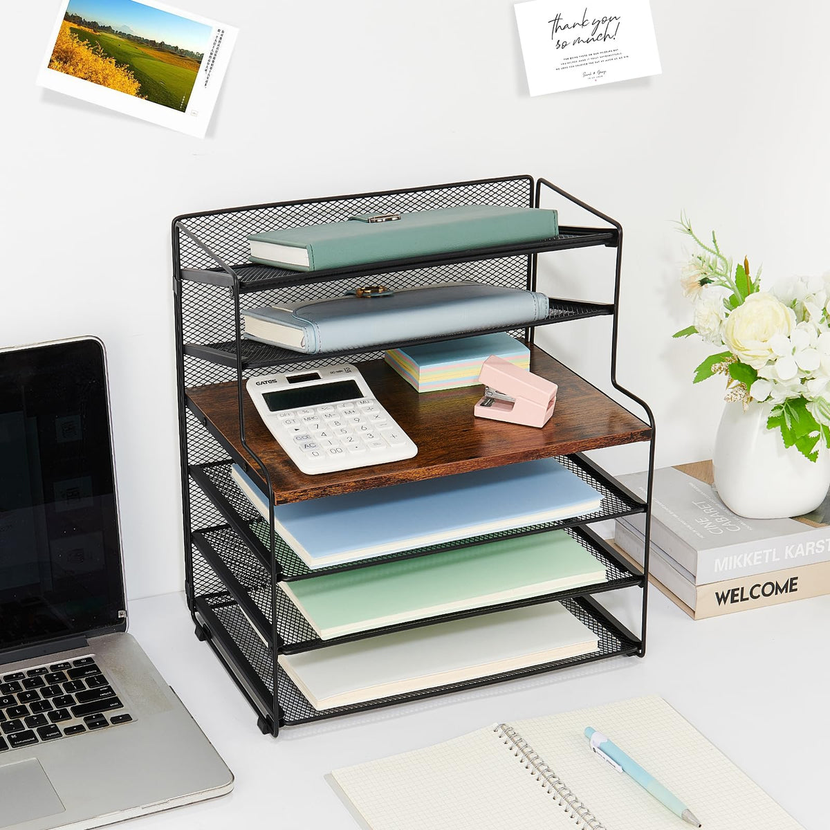 OPNICE Desk Organizer, 6-Tier Paper Organizer Letter Tray, Brown Wood