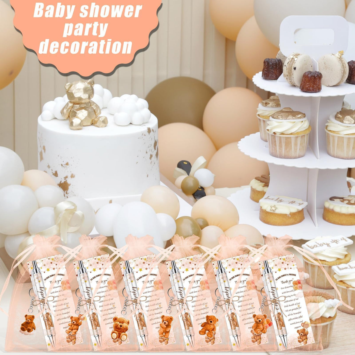 EYNDYN 145 Pieces Baby Shower Favors for Guest Brown Teddy Bear Ballpoint Pens and Keychains Gifts