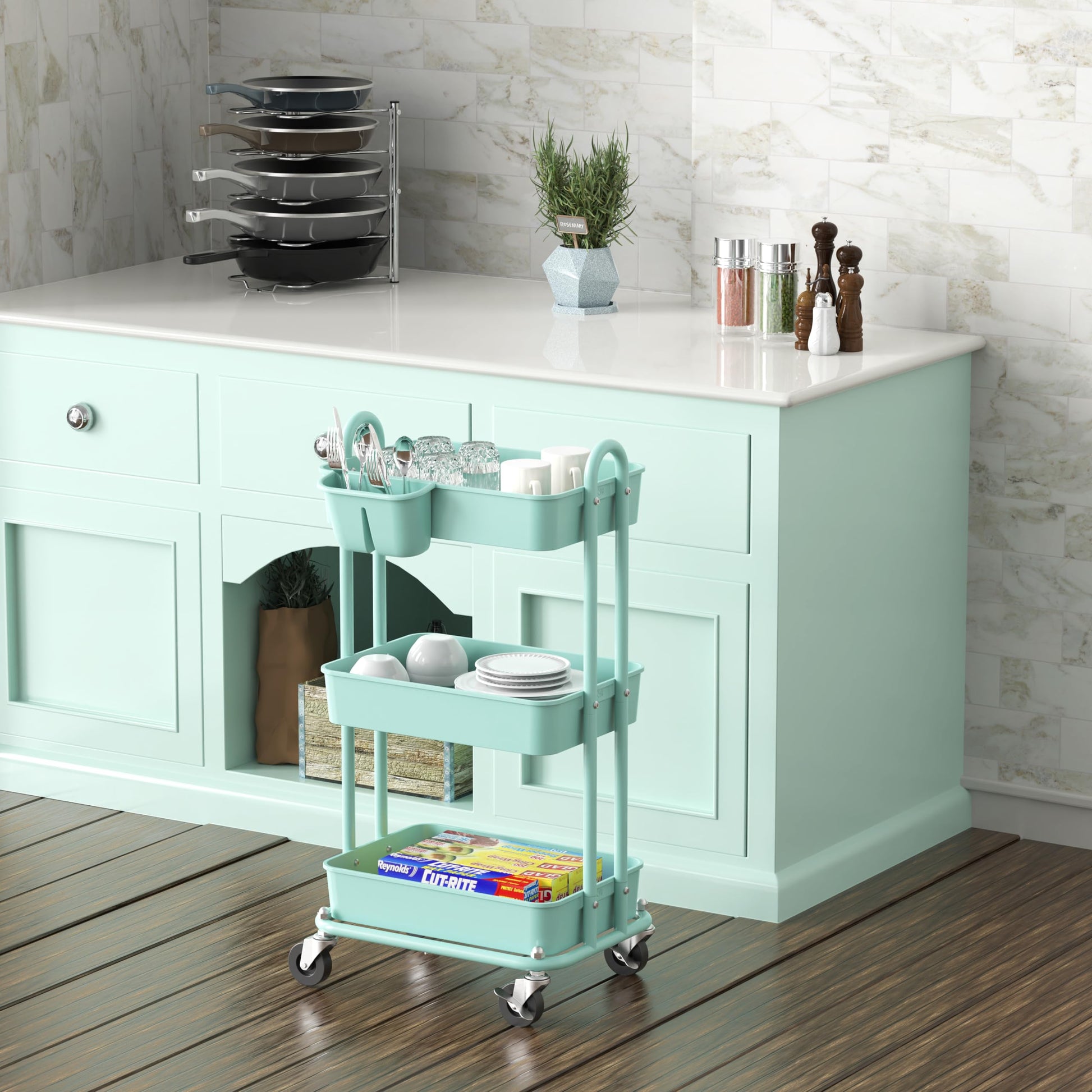 Simple Houseware 3-Tier Rolling Utility Cart with Hanging Bucket, Turquoise