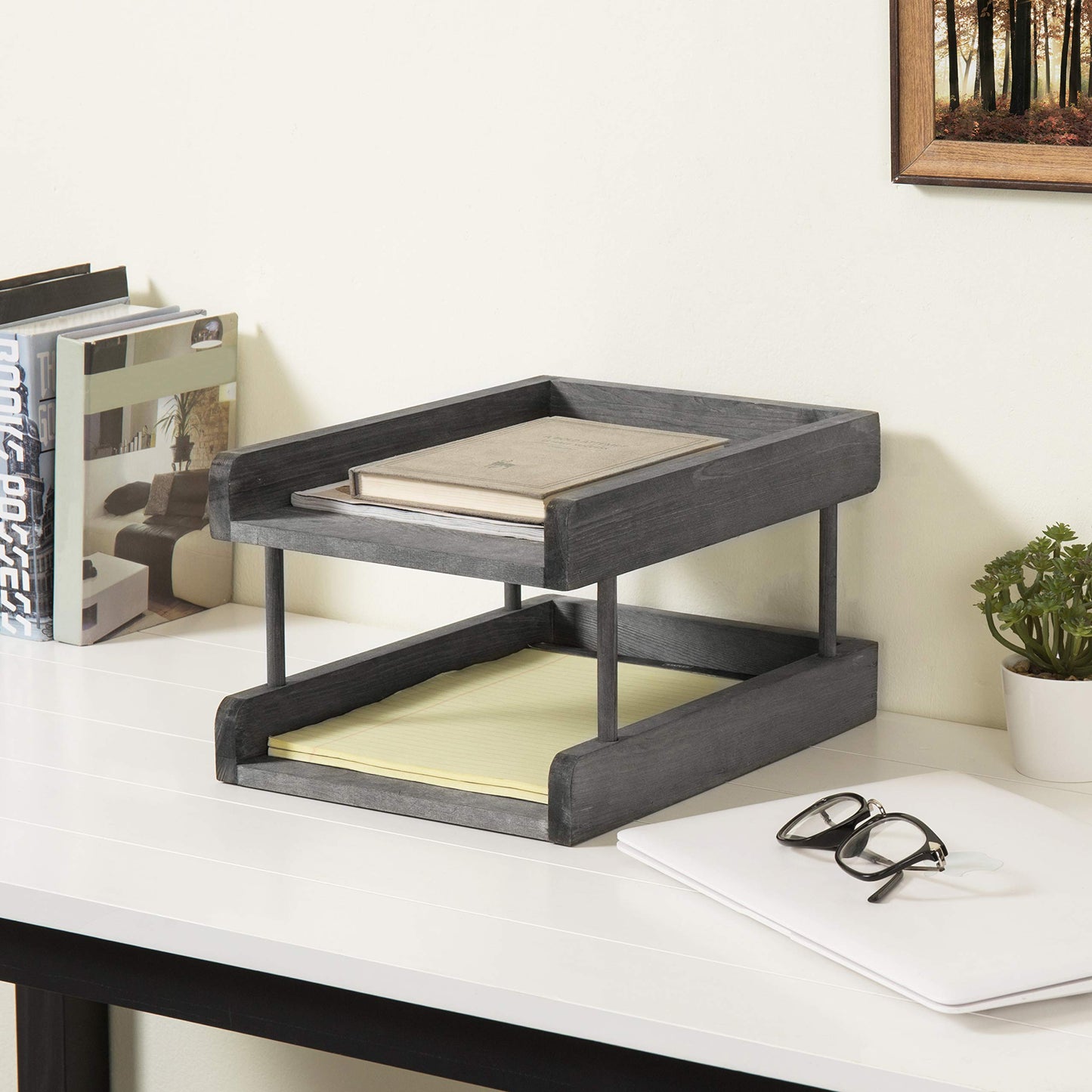 MyGift 2-Tier Rustic Gray Wood Paper File Organizer in and Out Tray/Office Desktop Document Holder