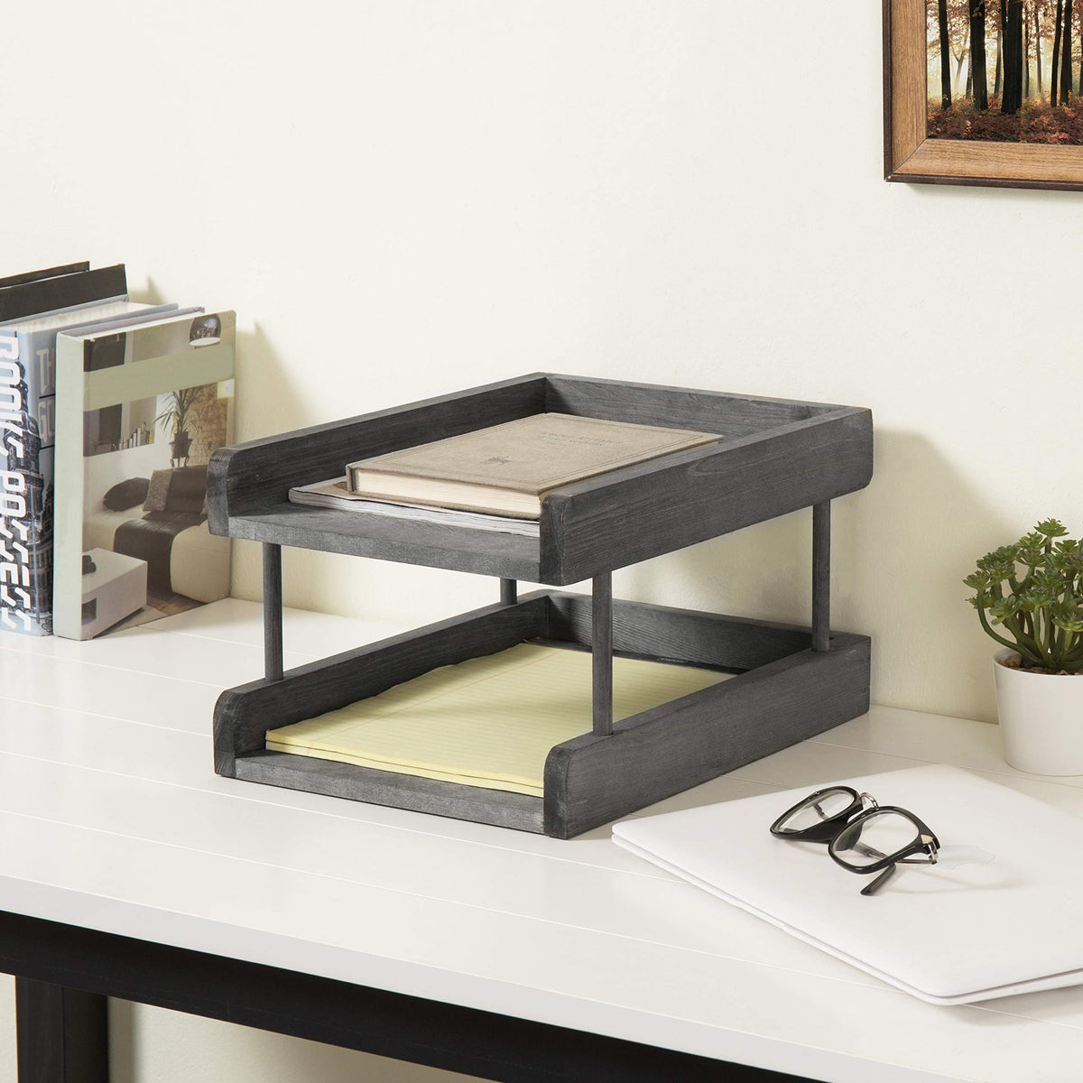 MyGift 2-Tier Rustic Gray Wood Paper File Organizer in and Out Tray/Office Desktop Document Holder