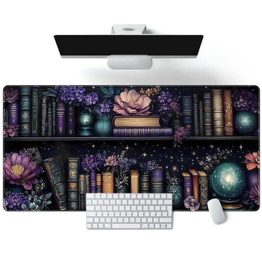 Purple Flowers Bookshelf Desk Mat Bookish Desk Pad Celestial Floral Books Large Mouse Pad XXL