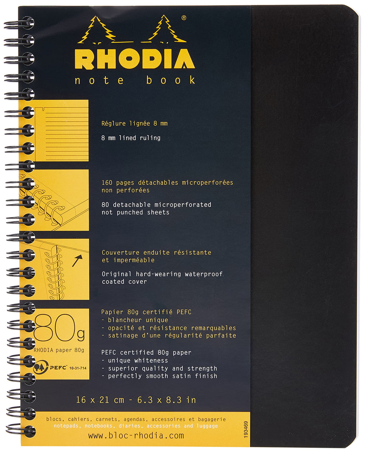 Rhodia 193469C - Spiral Notebook (Full Bound) Black Notebook - A5+ - Ruled - 160 Detachable Pages