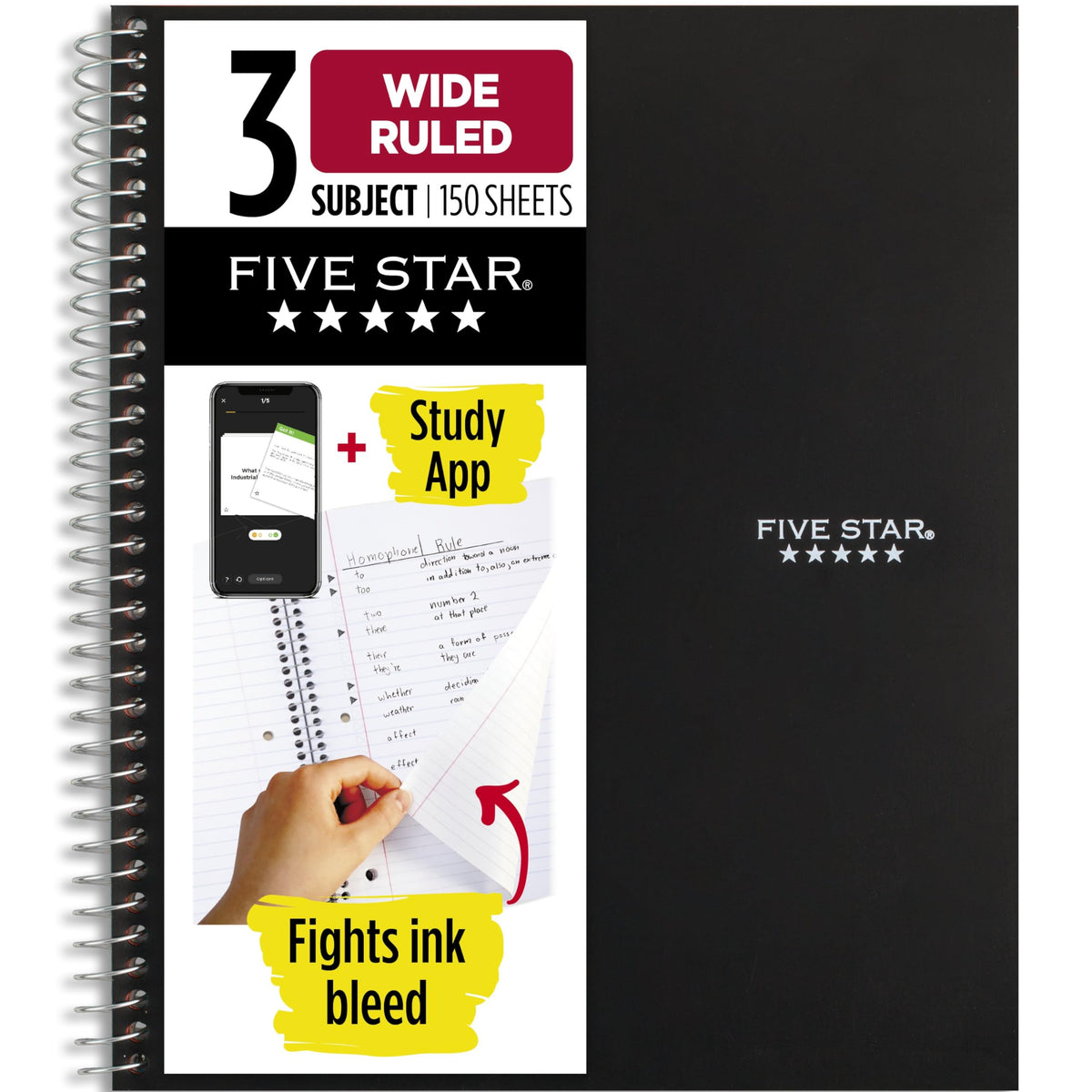 Five Star Spiral Notebook + Study App, 3 Subject, Wide Ruled Paper, 8" x 10-1/2", 150 Sheets, Black