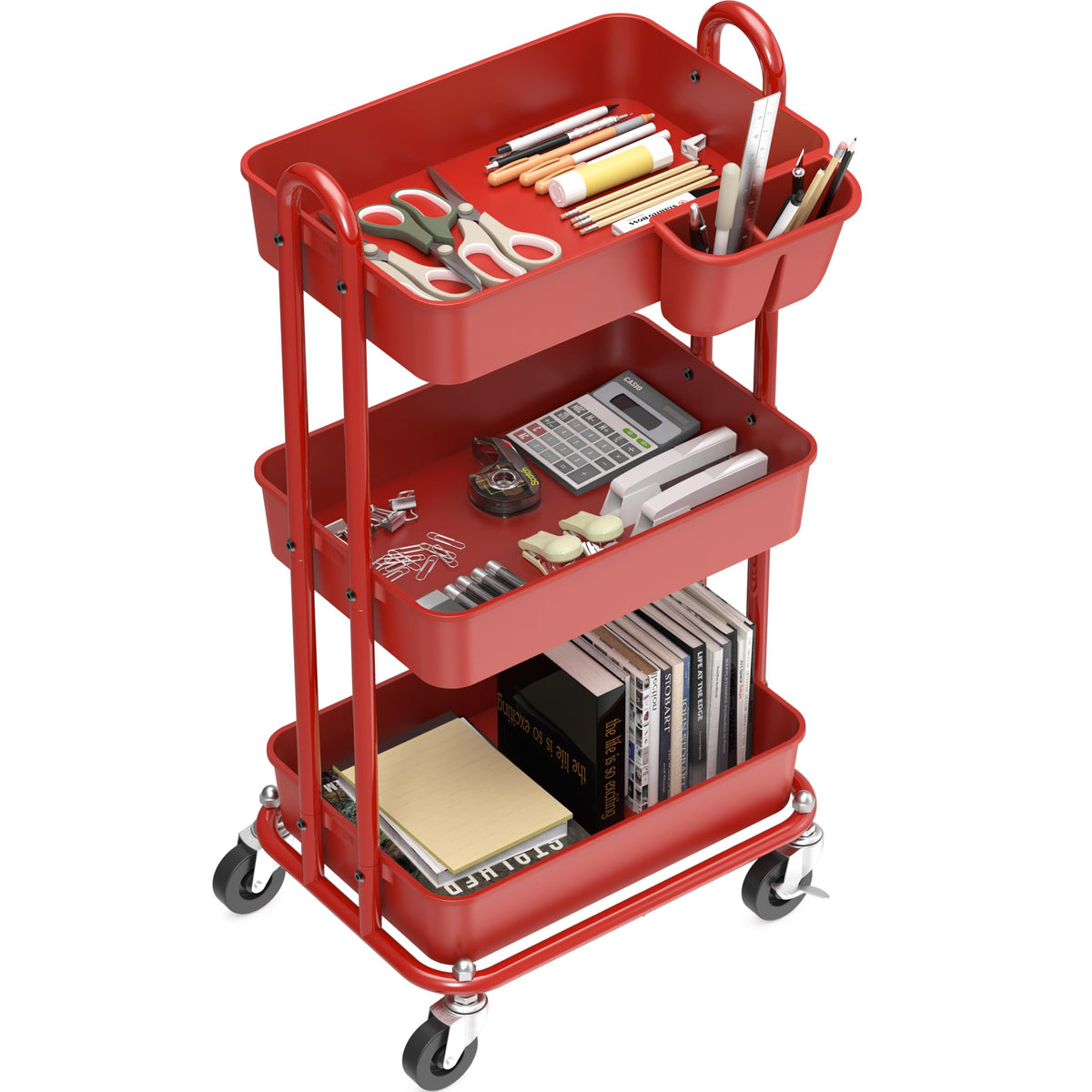 Simple Houseware 3-Tier Rolling Utility Cart with Hanging Bucket, Red