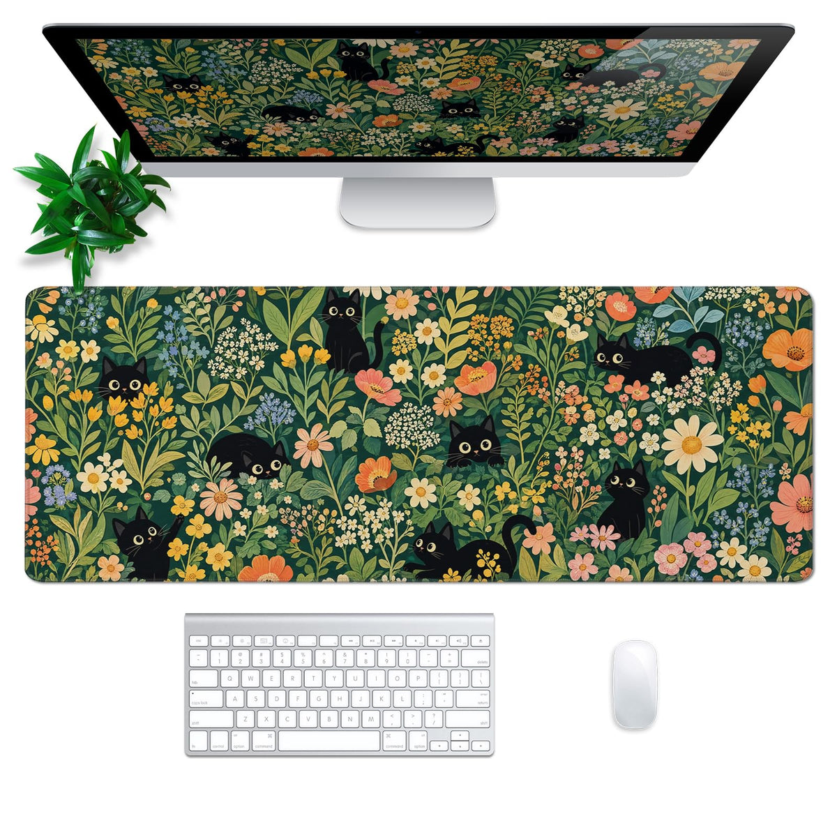 Cute Flower Cat Mouse Pad Abstract Flower Mouse Pad 31.5x11.8 Inch Texture Non-Slip Rubber Base