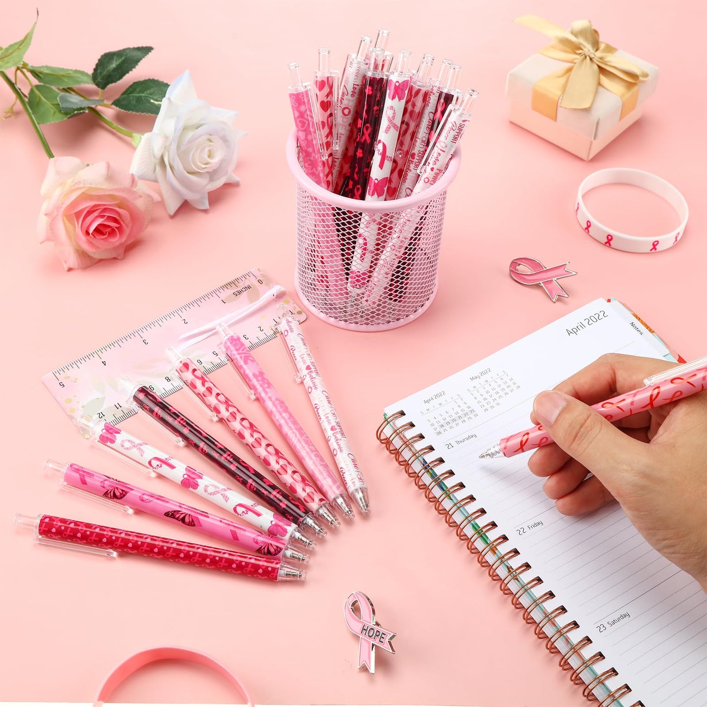Leinuosen 120 Pcs Breast Cancer Awareness Pens Ribbon Ballpoint Pens
