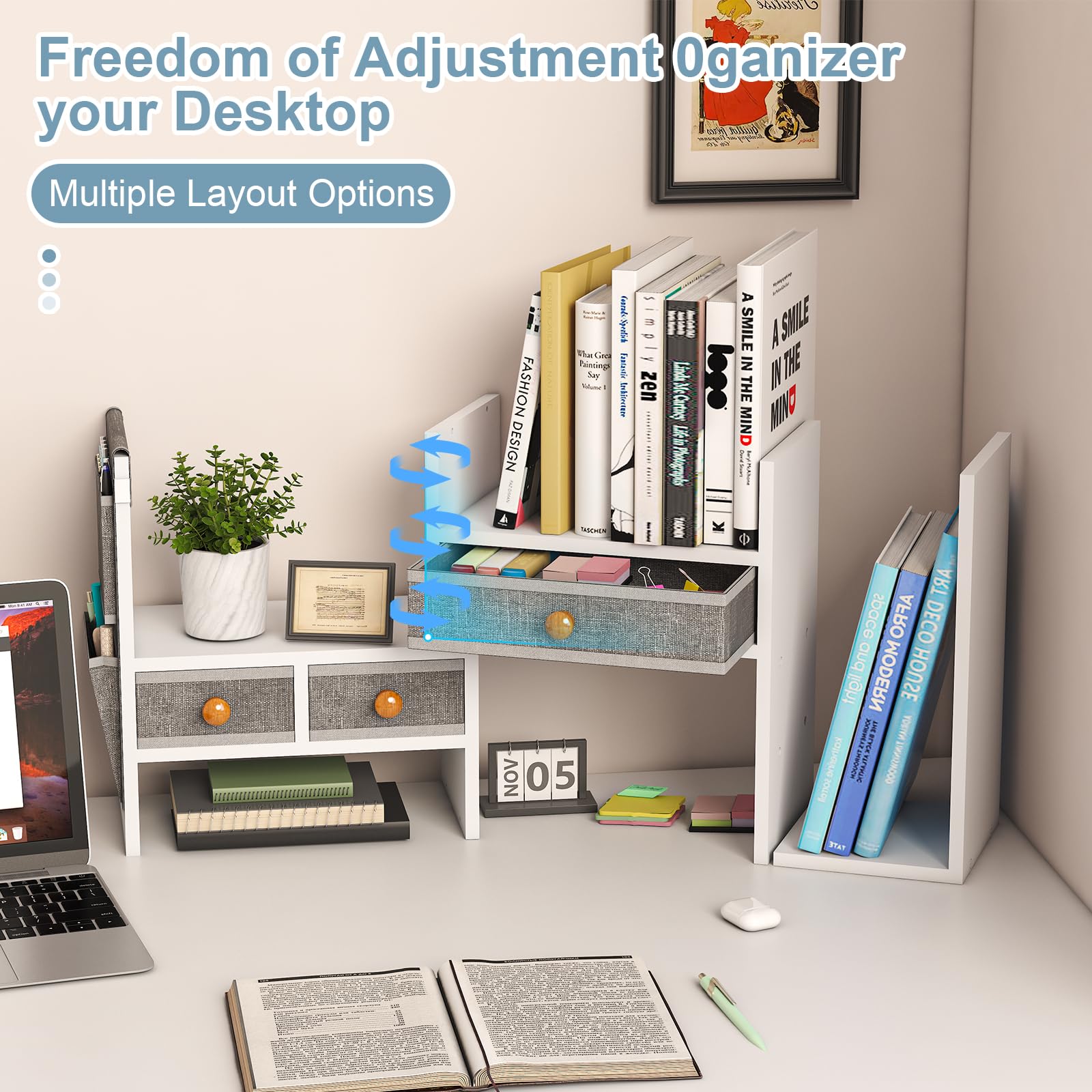 X-cosrack Adjustable Desk Shelves for Storage, Desktop Bookshelf with 3 Drawers, White Wood Desk