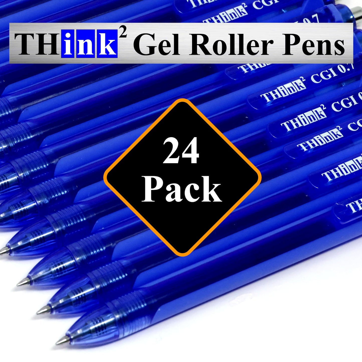 [24 Pens - Blue Ink] Think2 0.7mm CGI Retractable Gel Pens. (24 Blue) Medium Point Rollerball Pens