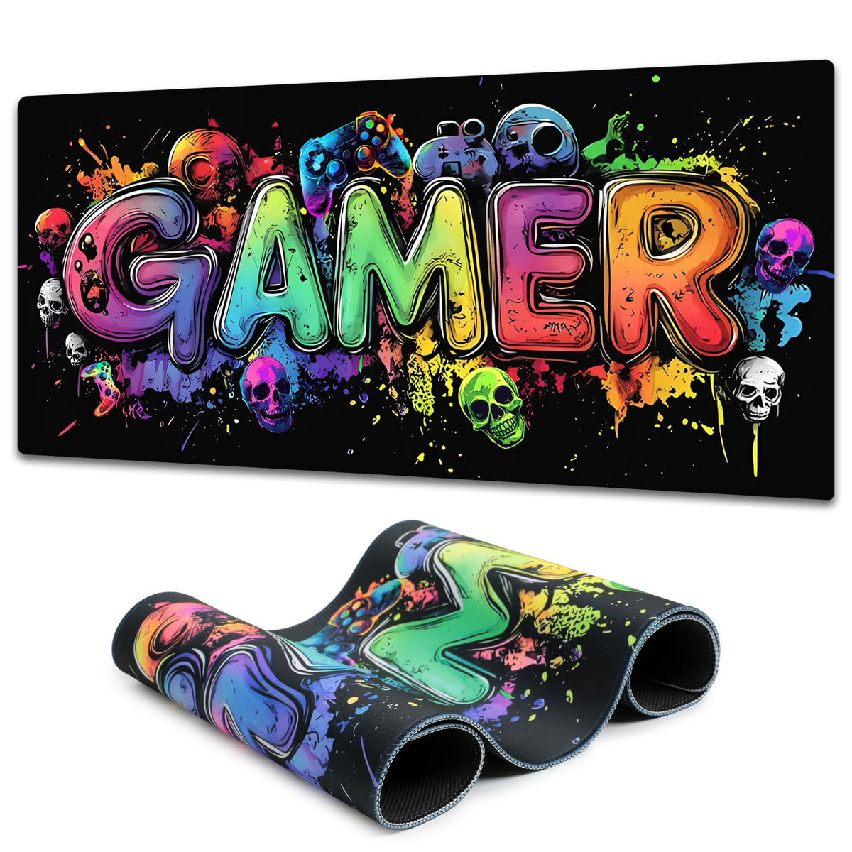 SparkLia Gamer Blacklight Mouse Pad – UV Reactive Neon Gaming Desk Mat with Skull Design