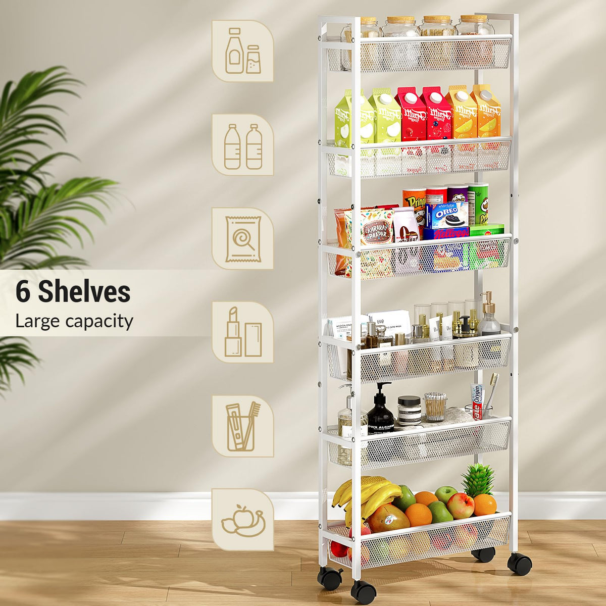 ThreeHio 6 Tier Slim Storage Cart, Narrow Cart with Wheels, Metal Mobile Shelving Unit Organizer