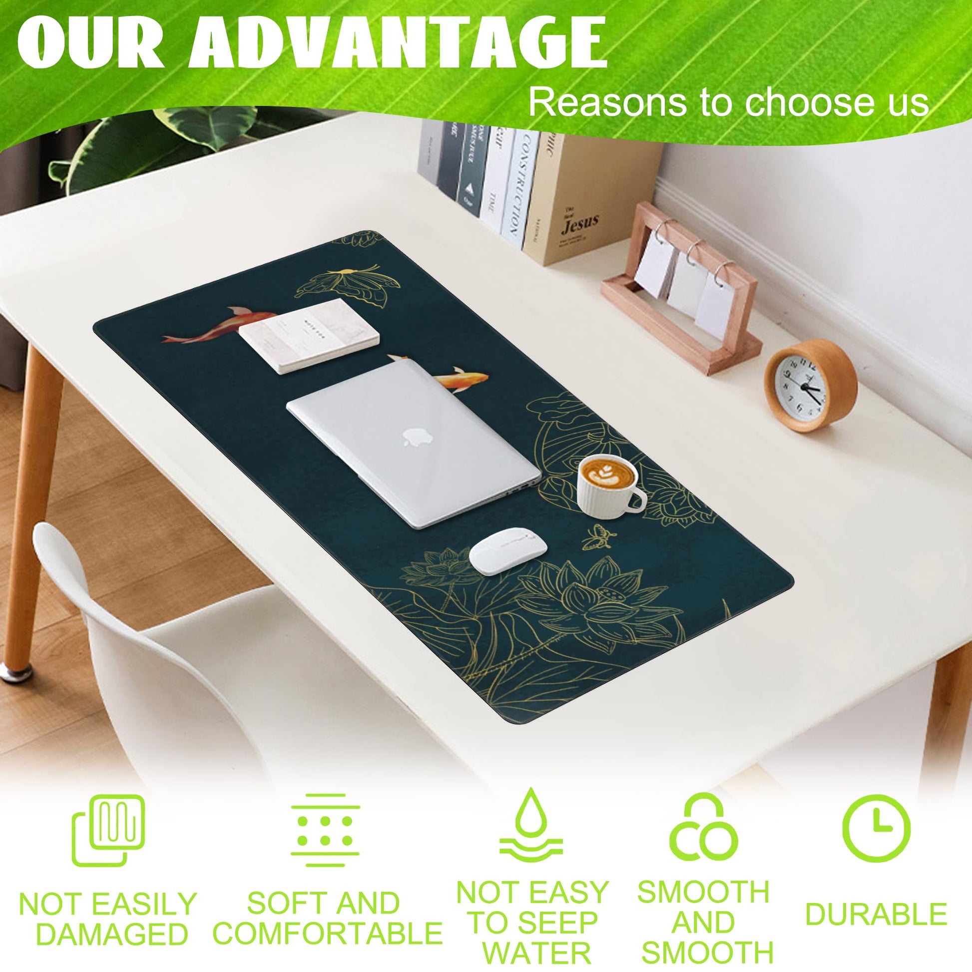 Eflxamz Large Gaming Mouse Pad, Koi Fish Ink Painting Desk Mat, Golden Line Lotus Desk Pad