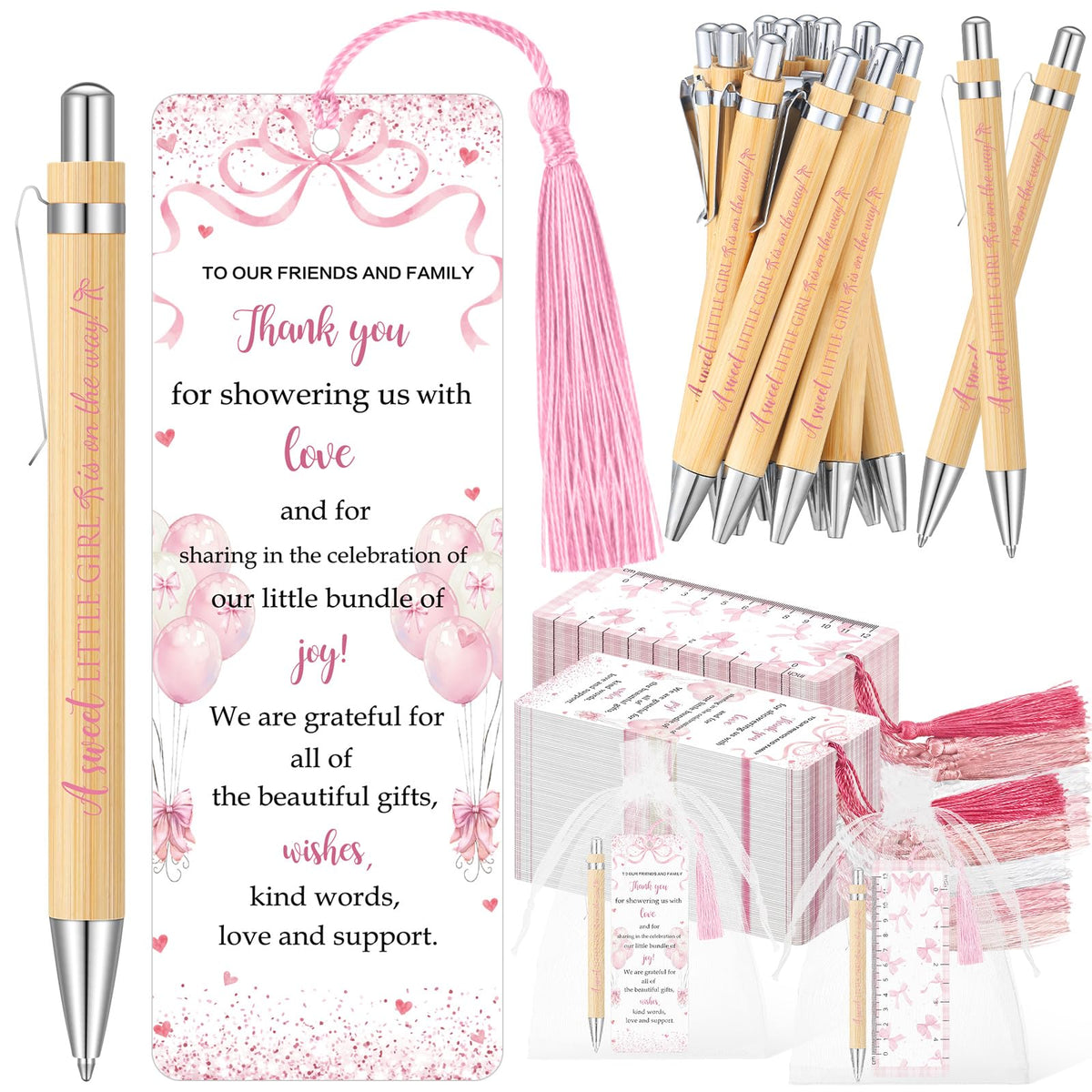 Gilprop 50 Sets Pink Bow Baby Shower Favors for Guests Includes 50 Baby Shower Ballpoint Pens 50