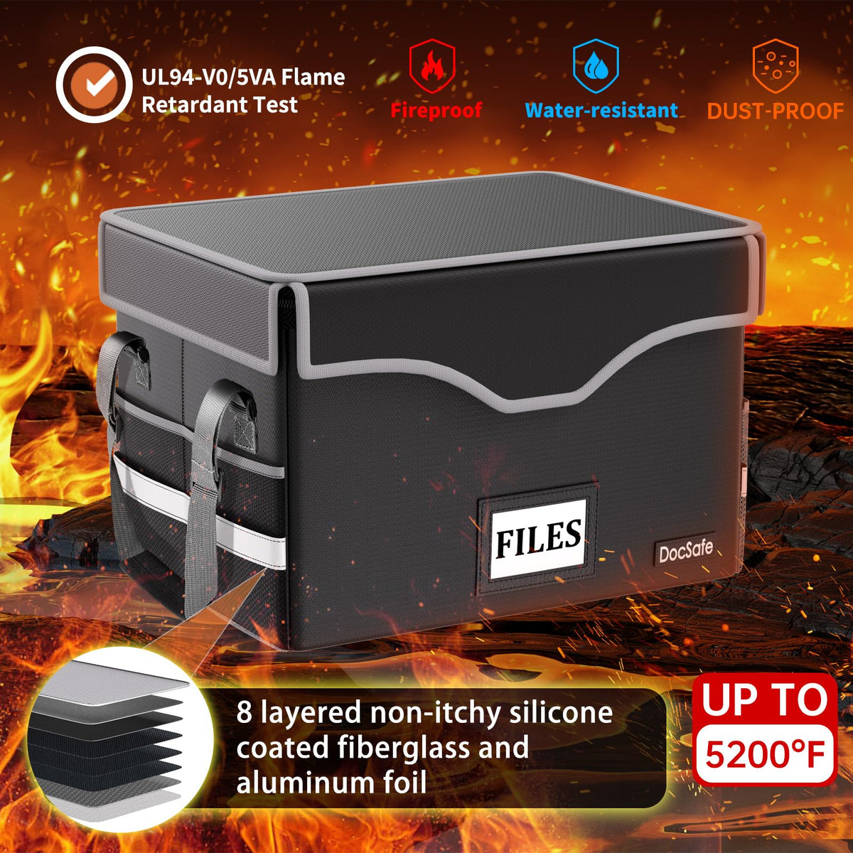 DocSafe 5200°F Fireproof Document Box with Lock,Heat Insulated File Organizer Storage with