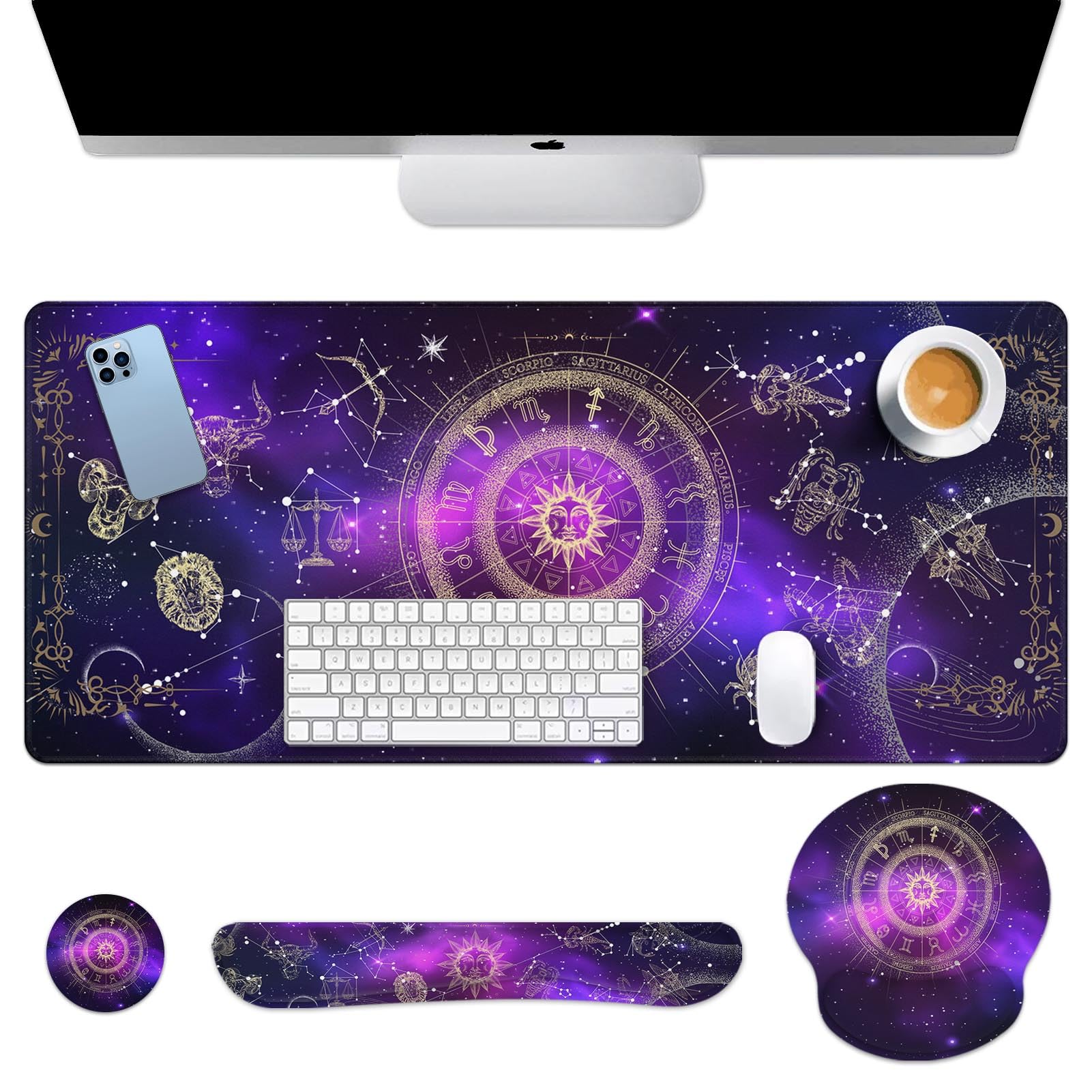 Arttown Keyboard Mouse Pad Set, 4 in 1 Desk Mat Set Galaxy Space