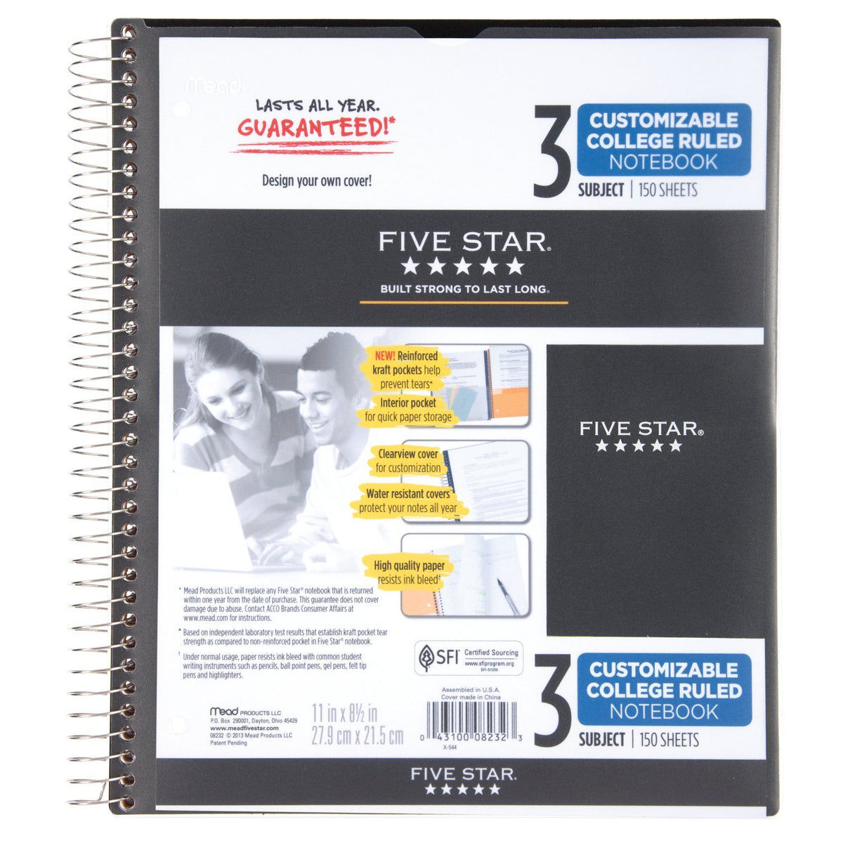 Five Star Spiral Notebook, 3 Subject, College Ruled Paper, 150 Sheets, 11" x 8-1/2", Customizable