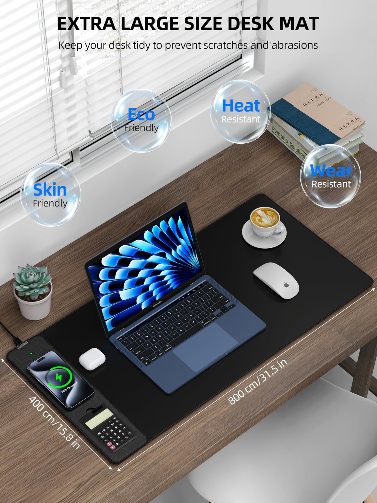 Mouse Pad with 15W Wireless Charging, Removable 8-Digit Solar Calculator