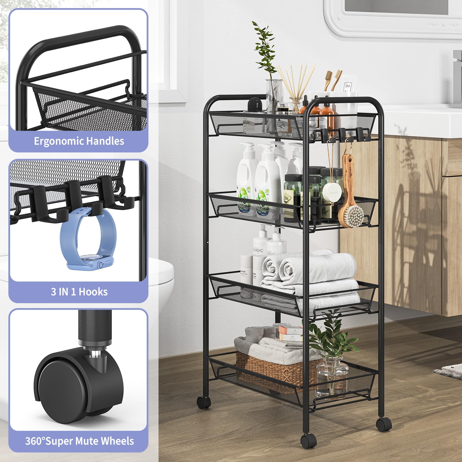 TOOLF 4-Tier Rolling Cart, Metal Utility Cart with 3 Hooks, Easy Assemble Mobile Storage Trolley On
