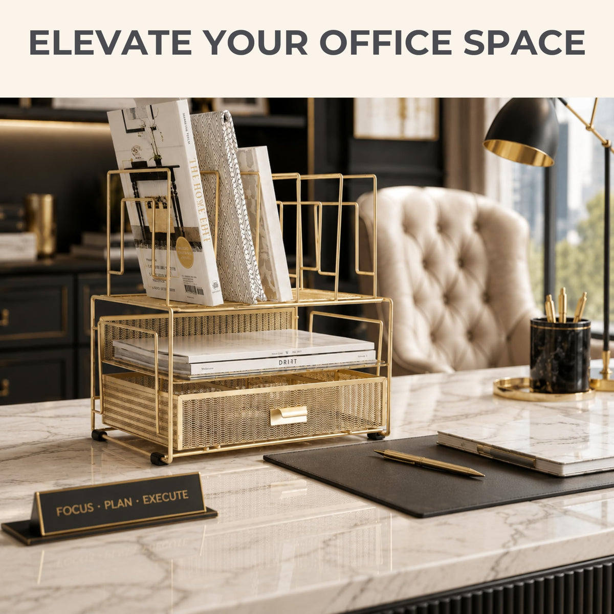 BLU MONACO | Gold Desk Organizer With Drawer | Metal Mesh File Holder & Vertical File Organizer |
