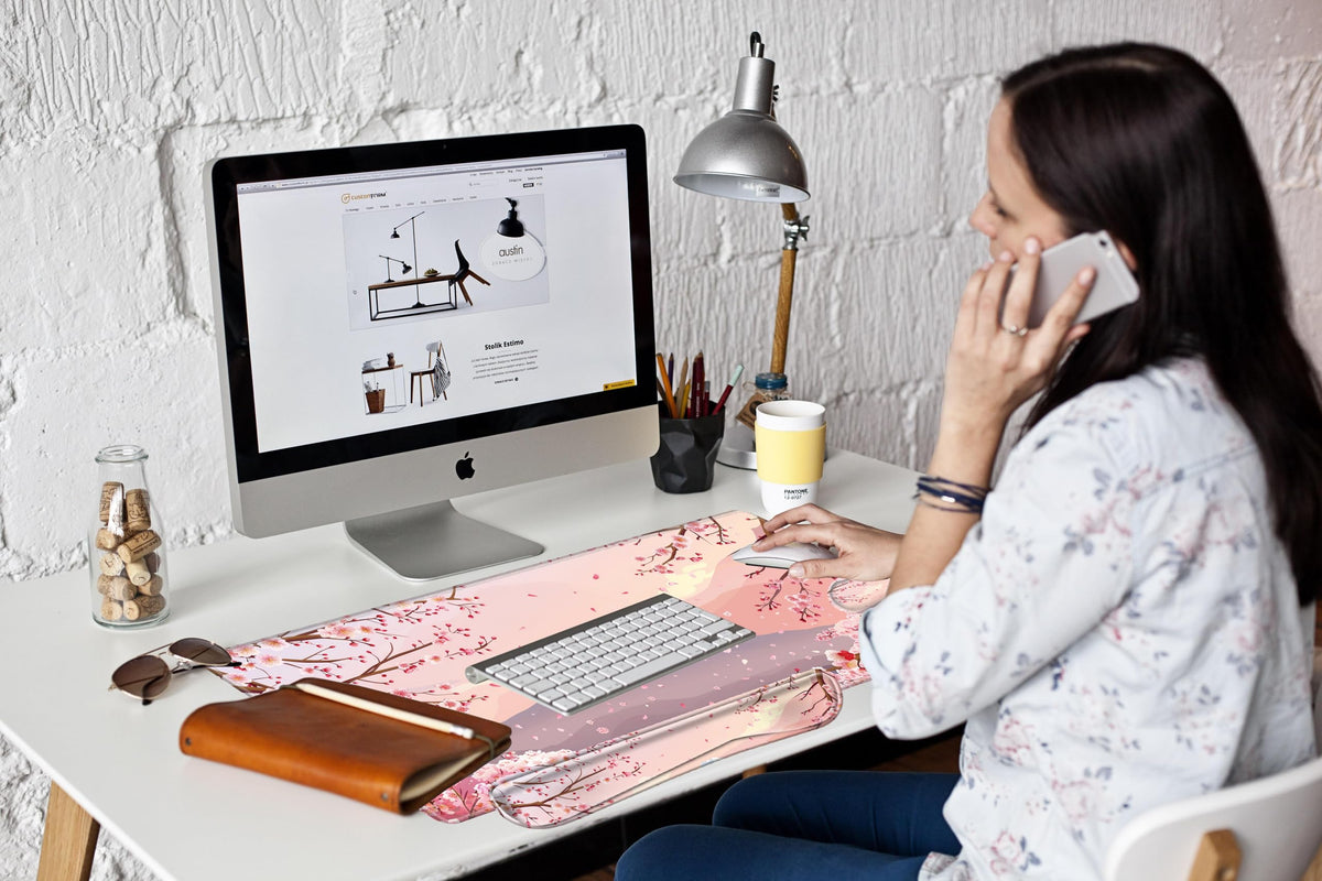 Cherry Blossom Mouse Pad and Keyboard Wrist Rest Japanese Pink Desk Mat Set Gaming Mousepad with