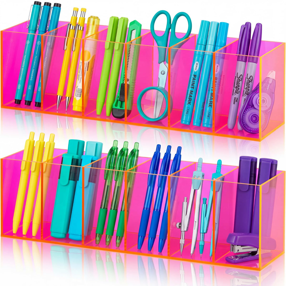 2 Pcs Acrylic Makeup Brush Holder 6 Compartments Pen Organizer, Pink