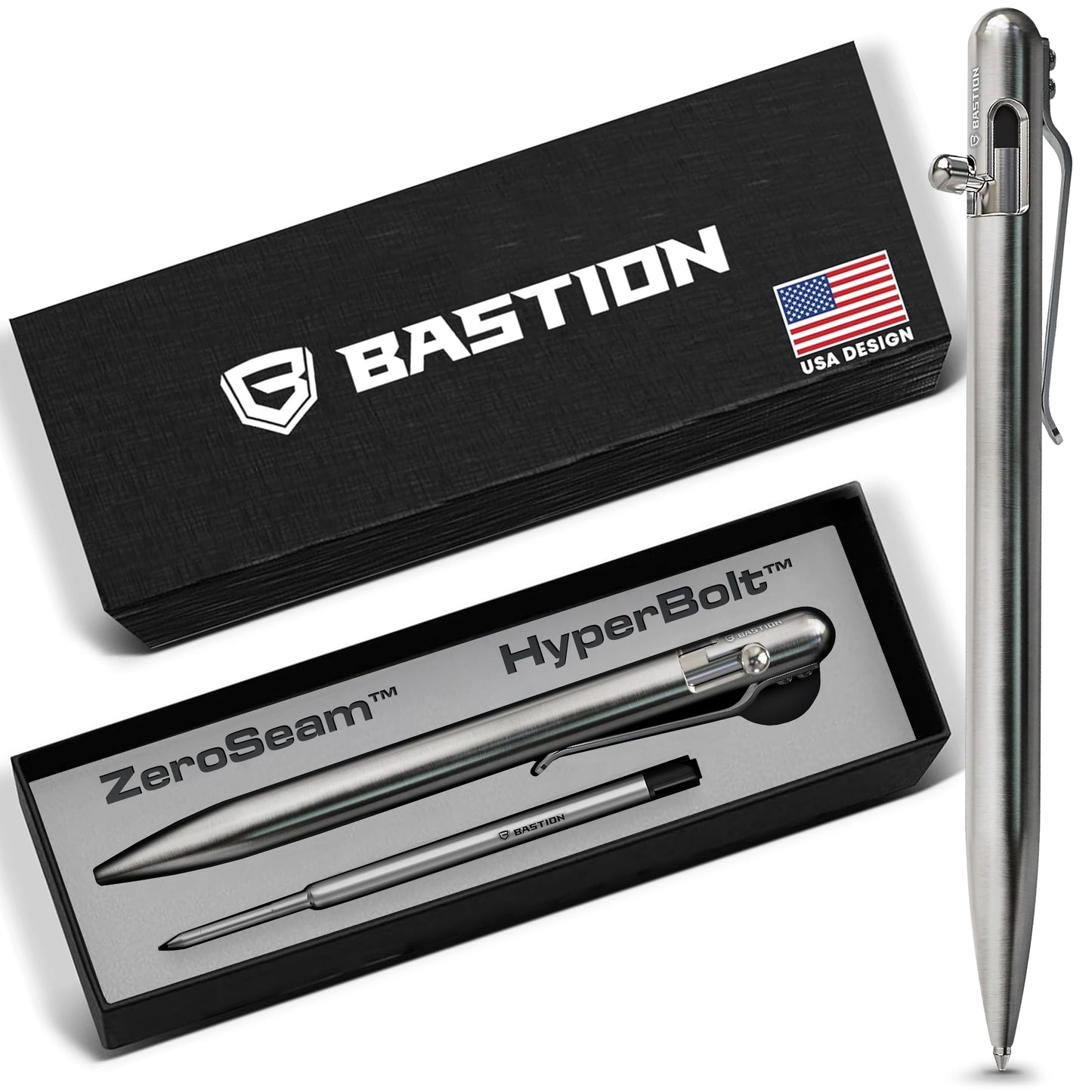 BASTION Bolt Action Pen, Stainless Steel Silver Slim, HyperBolt & ZeroSeam EDC Pen, Refillable
