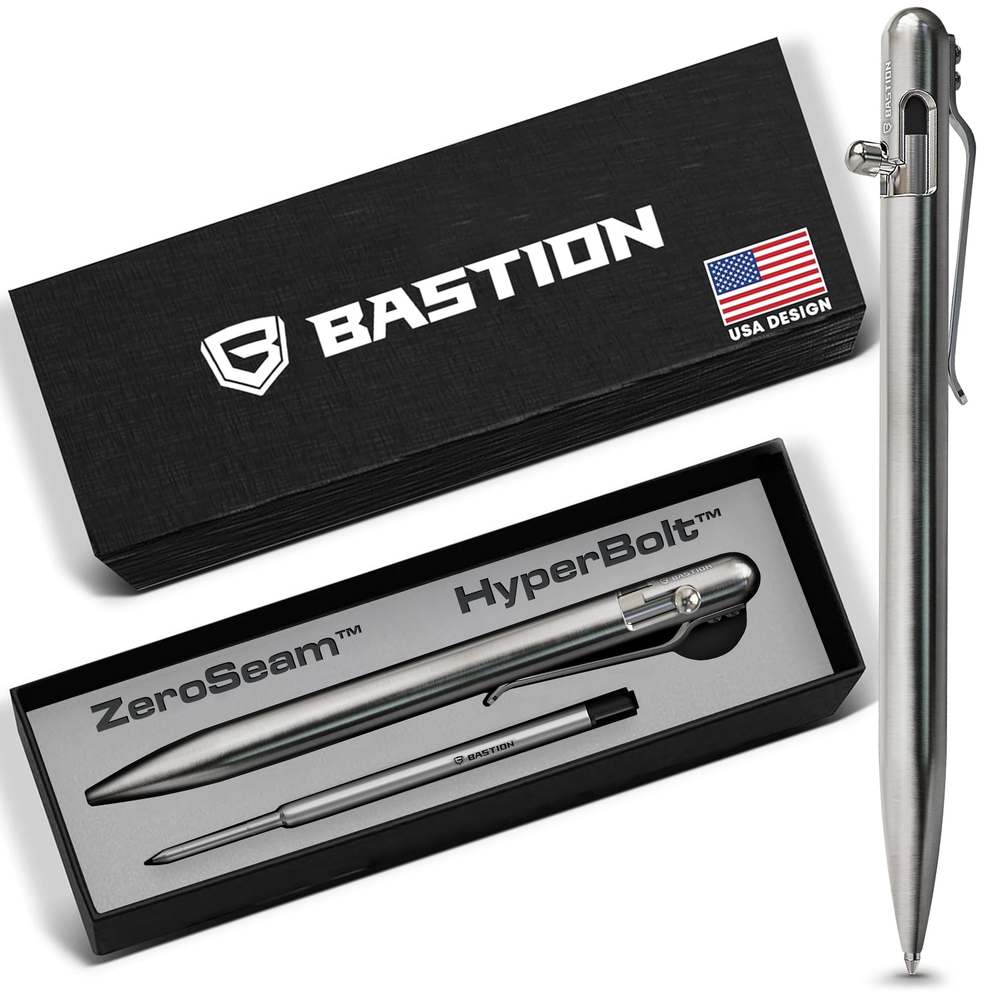BASTION Bolt Action Pen, Stainless Steel Silver Slim, HyperBolt & ZeroSeam EDC Pen, Refillable