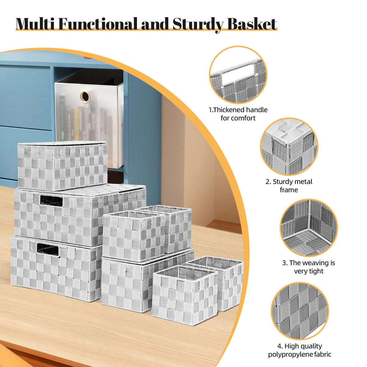 ArcaGuru Woven Polypropylene Basket Set of 8, Woven Storage Basket, Woven Strap Baskets, Woven