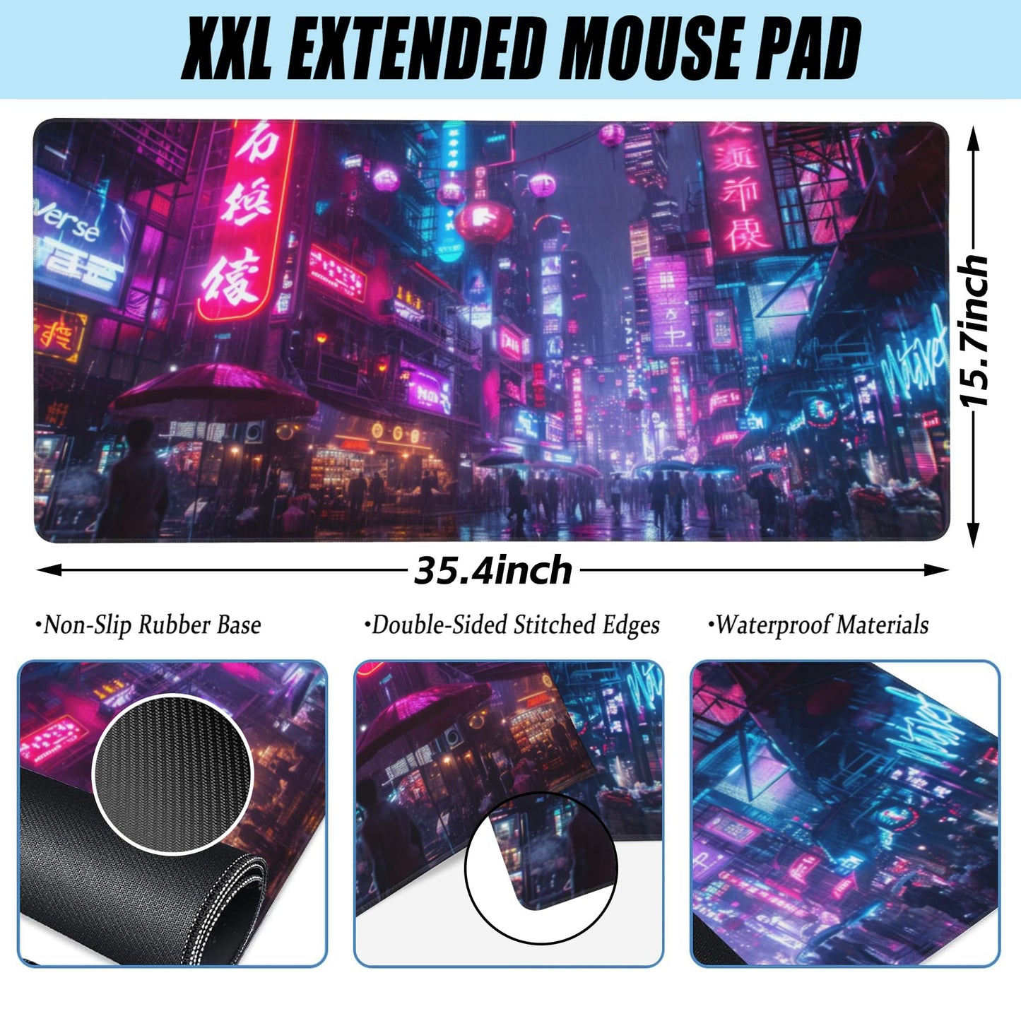 Desk Mat,Cyberpunk Neon City Large Gaming Mouse Pad for Desk XXL,Futuristic Night Street Desk