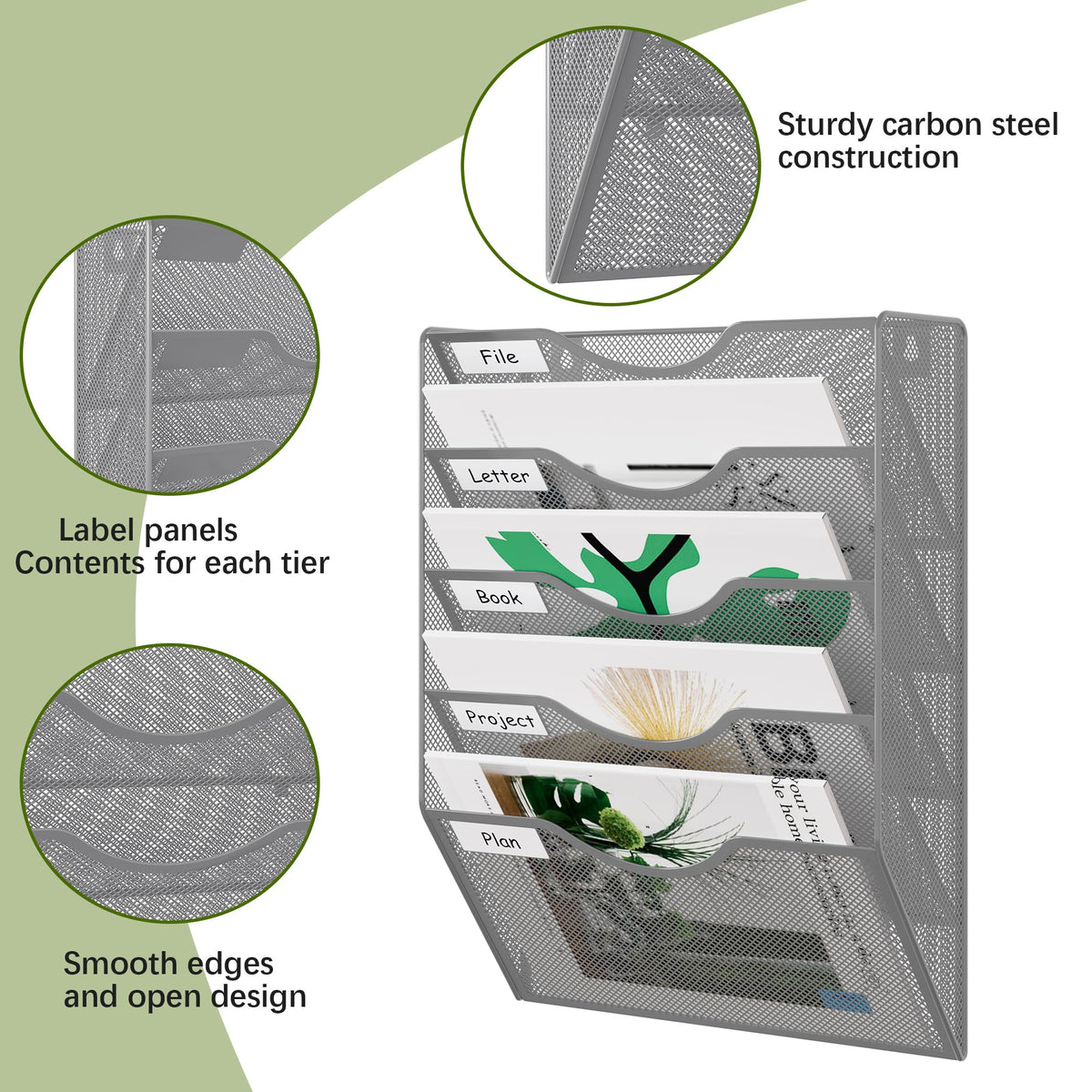 EasyPAG Wall File Organizer 5 Tier Hanging Paper Folder Holder, Zero Assembly Metal Mesh Wall