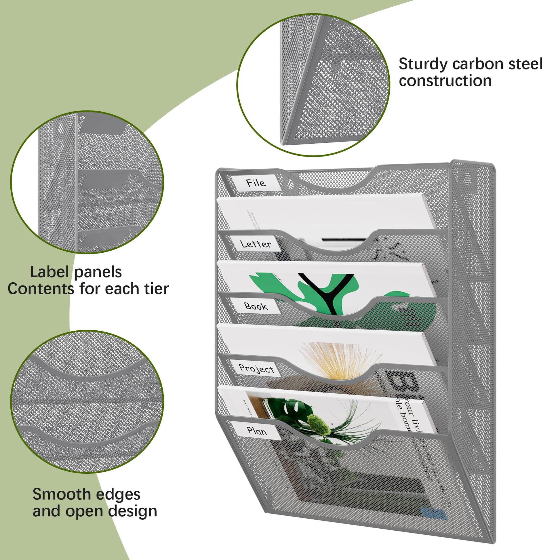 EasyPAG Wall File Organizer 5 Tier Hanging Paper Folder Holder, Zero Assembly Metal Mesh Wall