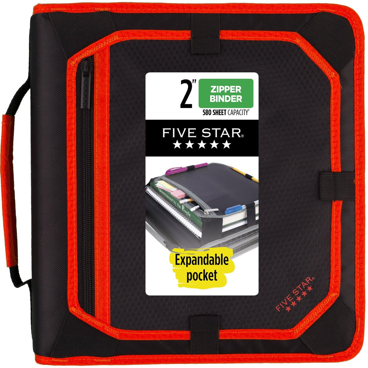Five Star Zipper Binder, 2 Inch 3-Ring Binder with Round Rings, Expansion Panel and 5-Tab Expanding