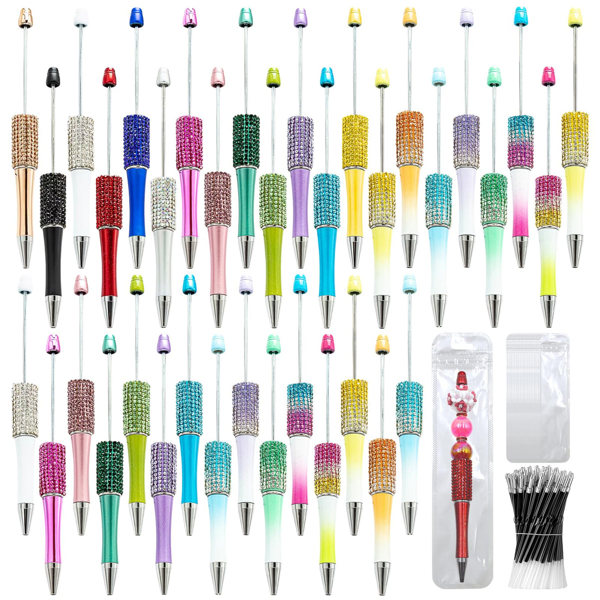 DASTTUIS 150 Pcs DIY Diamond Beadable Pen Kit - 50 Plastic Rhinestone Beaded Pens Bulk with Refills