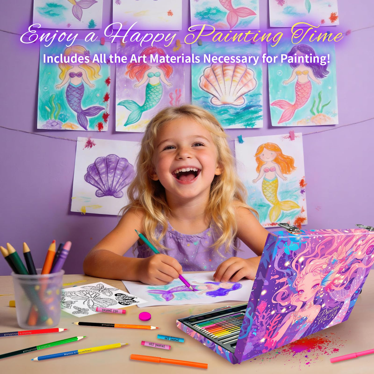 Cokiki Mermaid Art Set for Kids, 184 Piece Drawing Art Kit