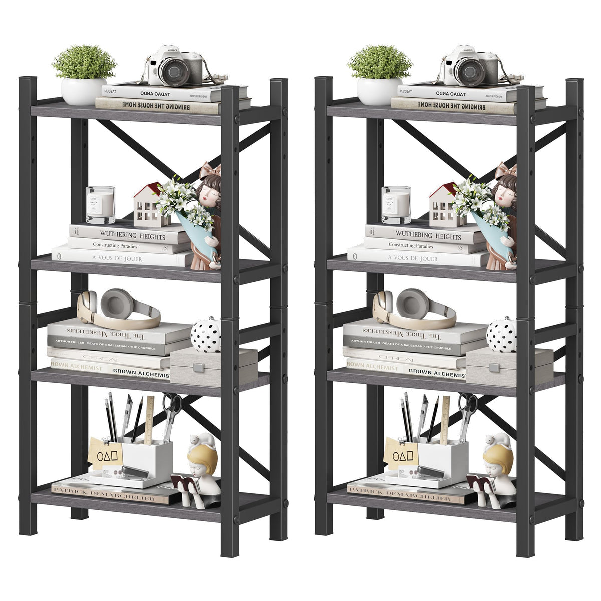 2-Pack Desktop Bookshelf, 4-Tier Stackable Narrow Bookcase, Adjustable Industrial Desk Organizer &