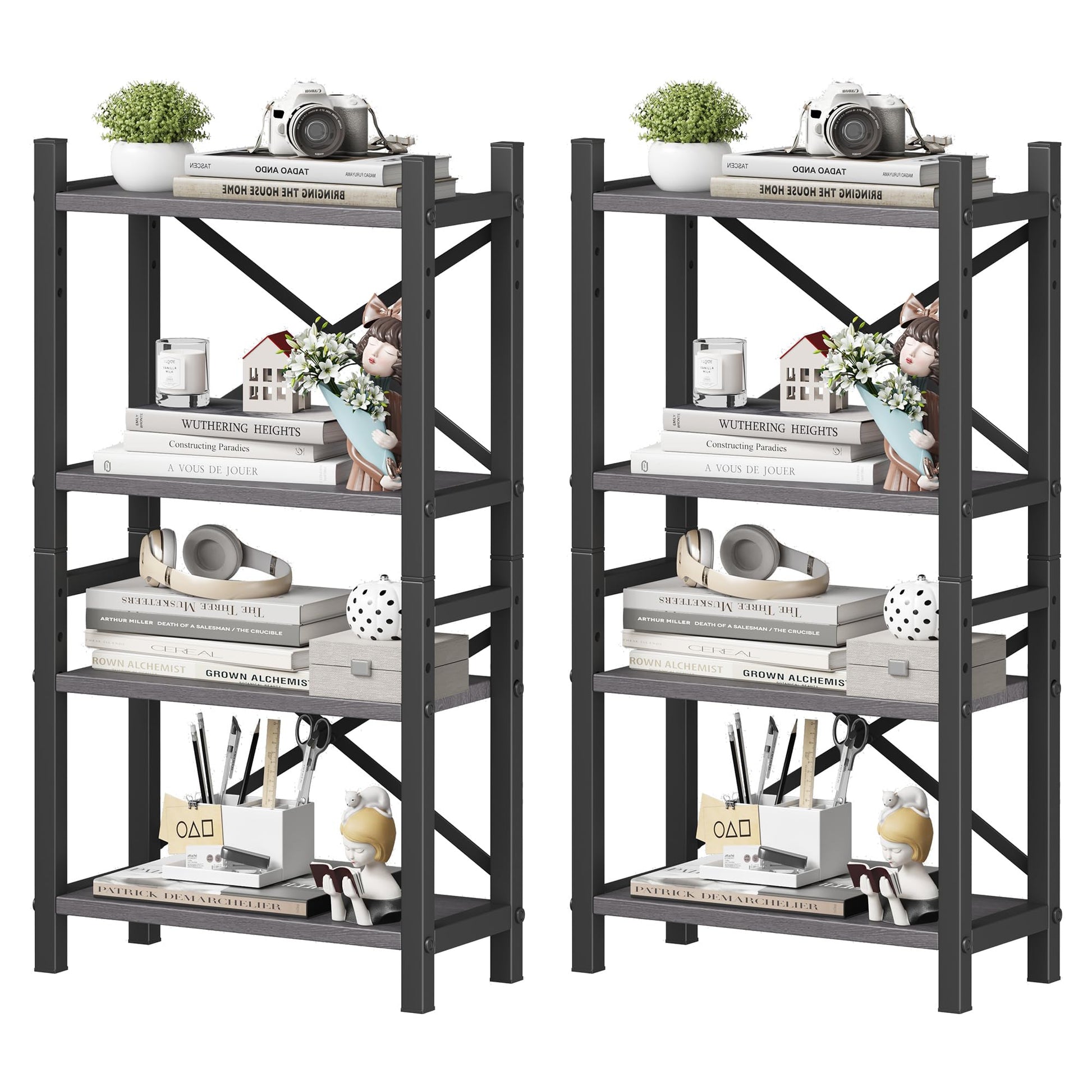2-Pack Desktop Bookshelf, 4-Tier Stackable Narrow Bookcase, Adjustable Industrial Desk Organizer &