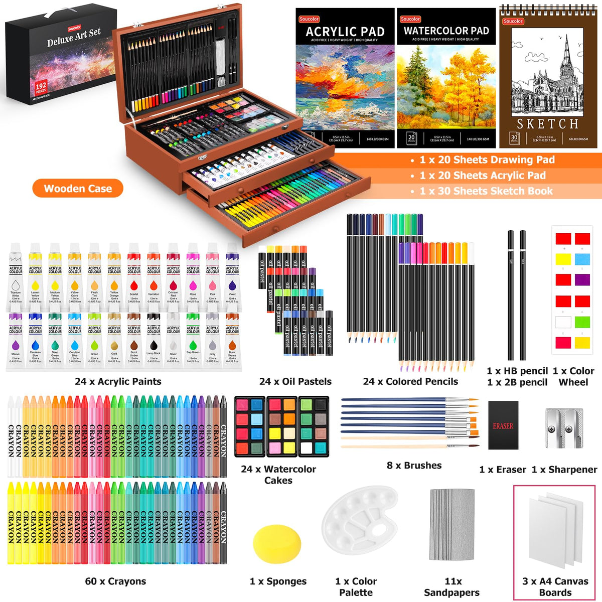 Soucolor 192-Pack Deluxe Art Set, Drawing Painting Kit, Wooden Case Gift