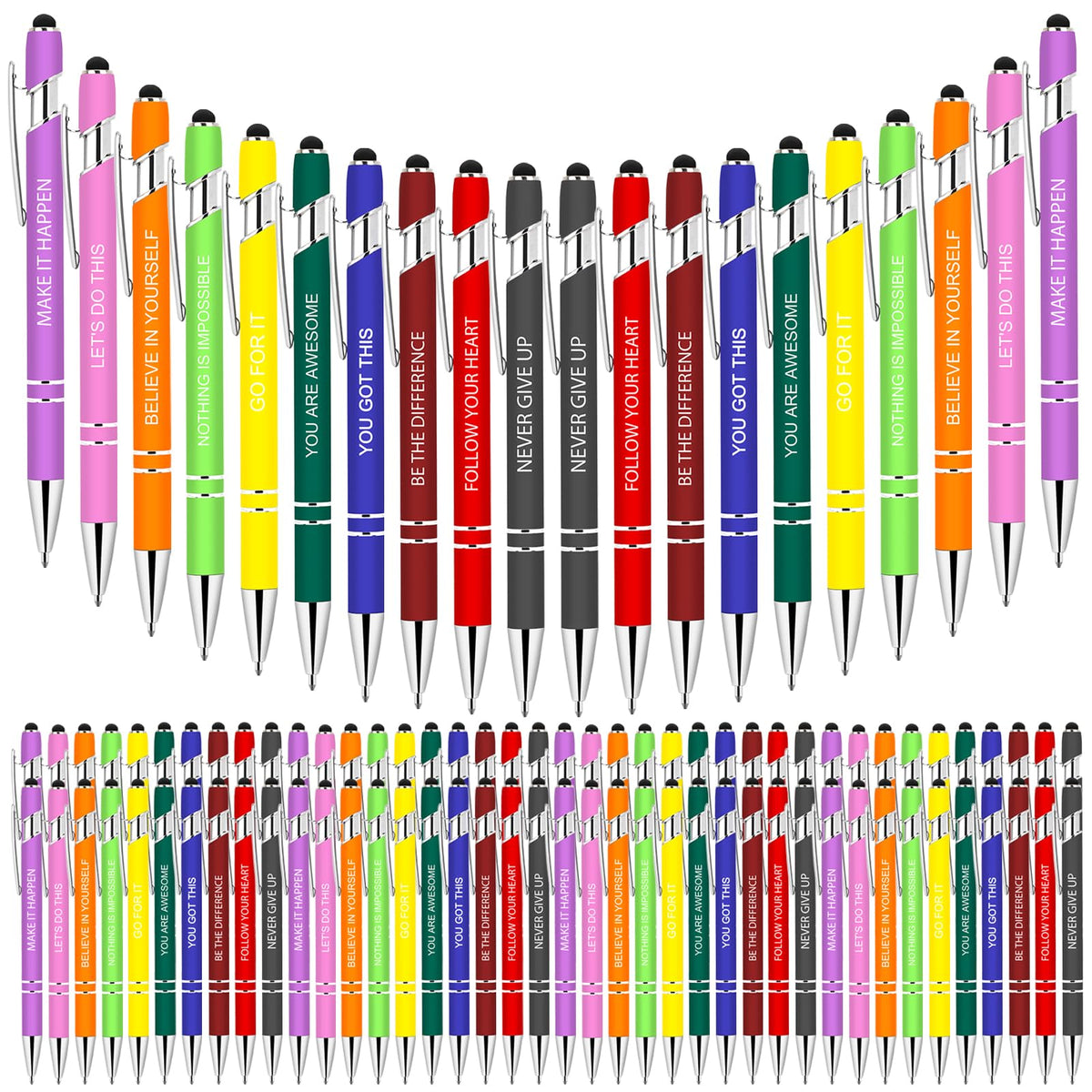 Greengines 100 PCS Motivational Bulk Pens with Stylus Tip Gifts Black Ink