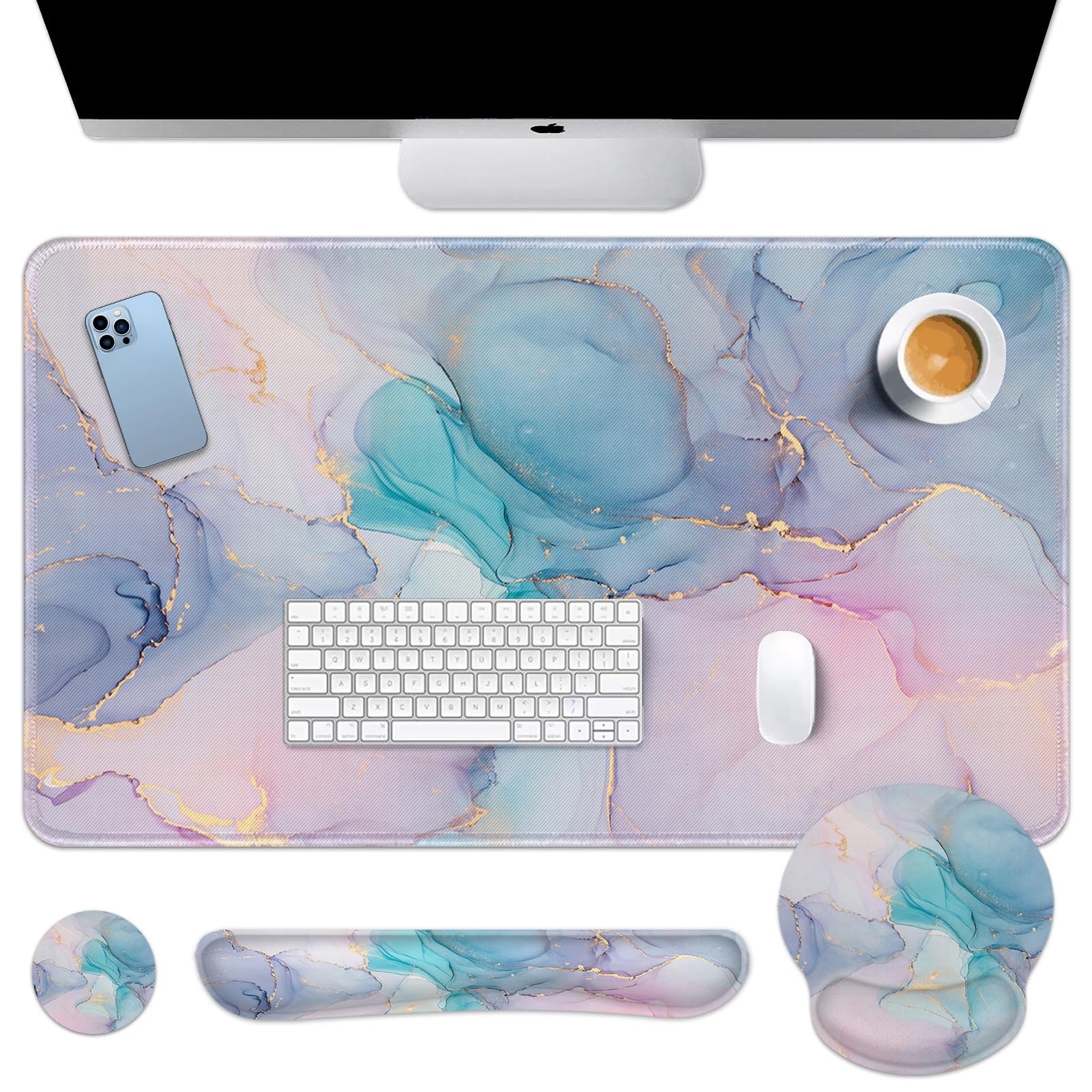 Arttown Keyboard Mouse Pad Set, 4 in 1 Desk Mat Set Marble Gradient