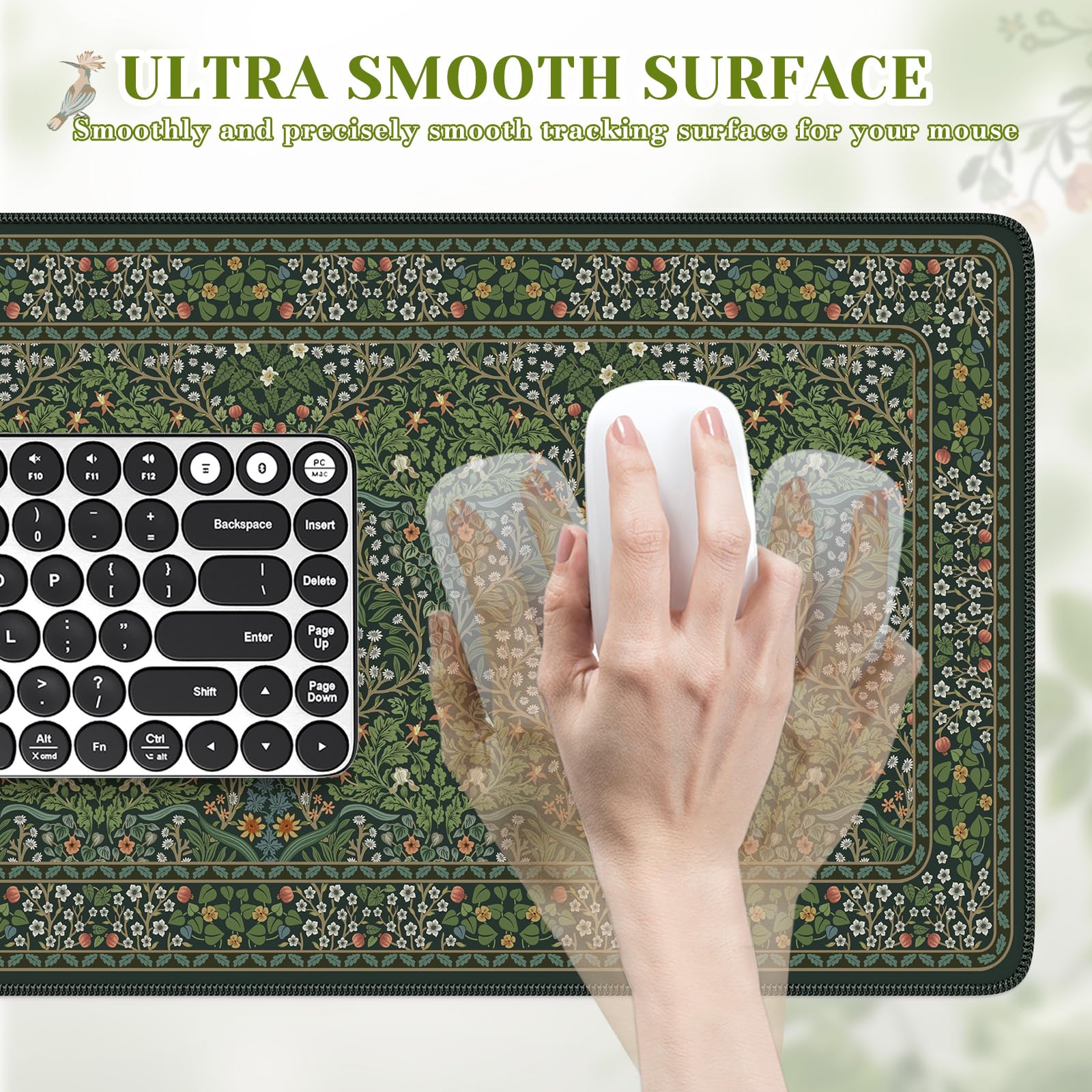 iCasso Aesthetic Floral Desk Mat, 31.5x11.8in Mouse Pads, Retro Green