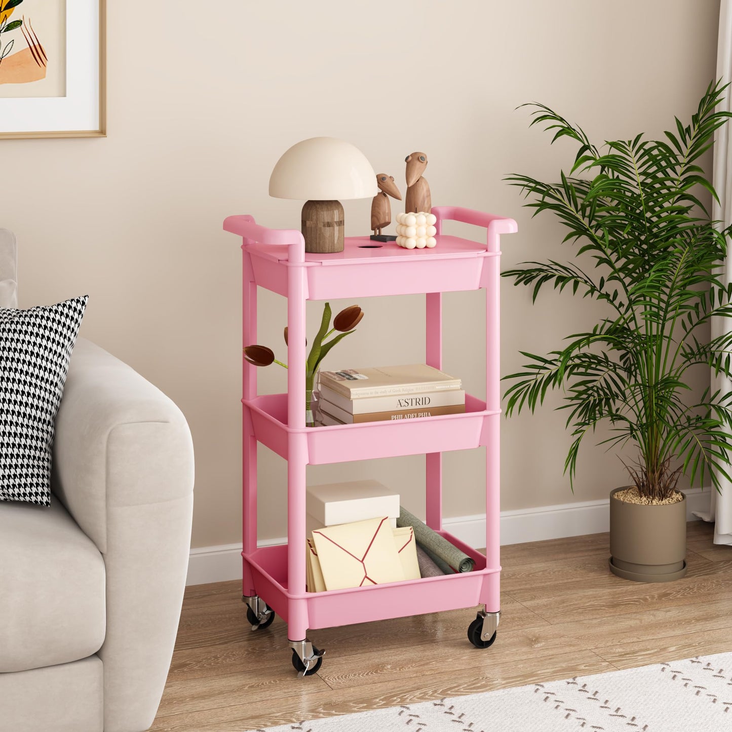 MIOCASA Utility Rolling Cart with Cover Top Board, 3-Tier Kitchen Storage Organization, Art Cart