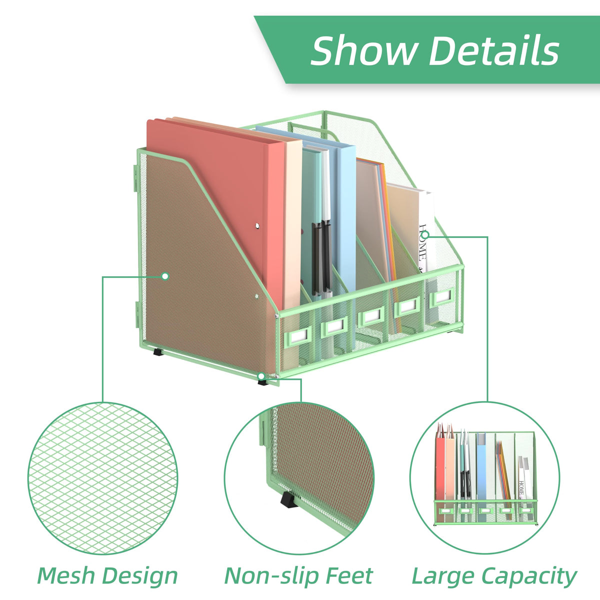 SUPEASY Desk Organizers Metal Desk Magazine File Holder with 5 Vertical Compartments Rack File