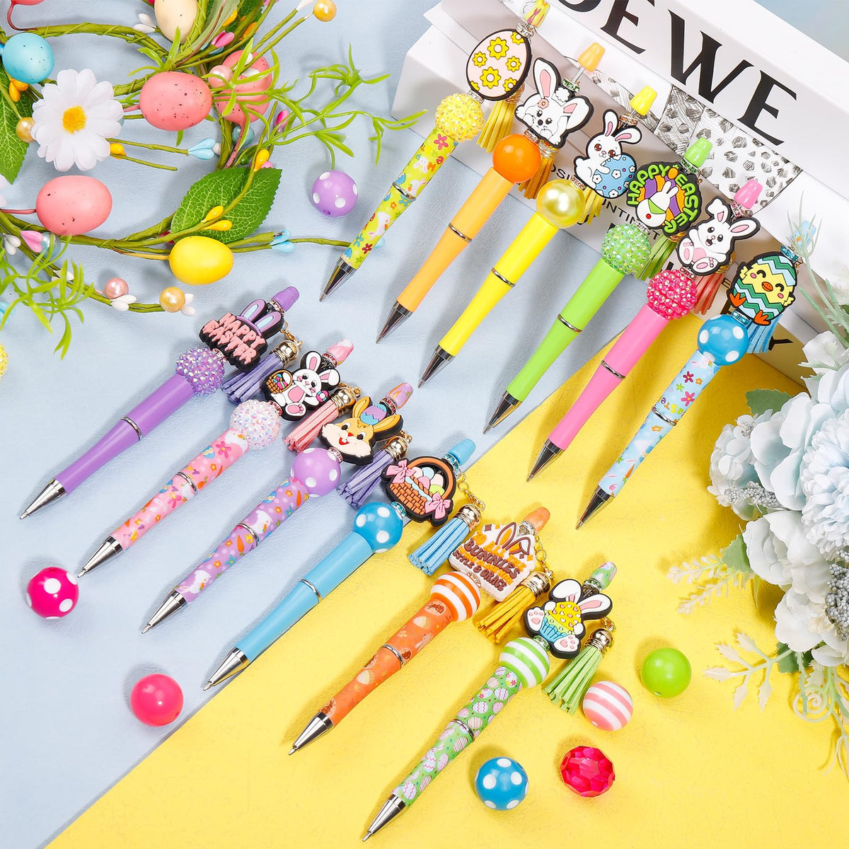 Japior 12 Sets Easter Beadable Pens DIY Pen Making Kit with Bubblegum Beads Silicone Focal Beads