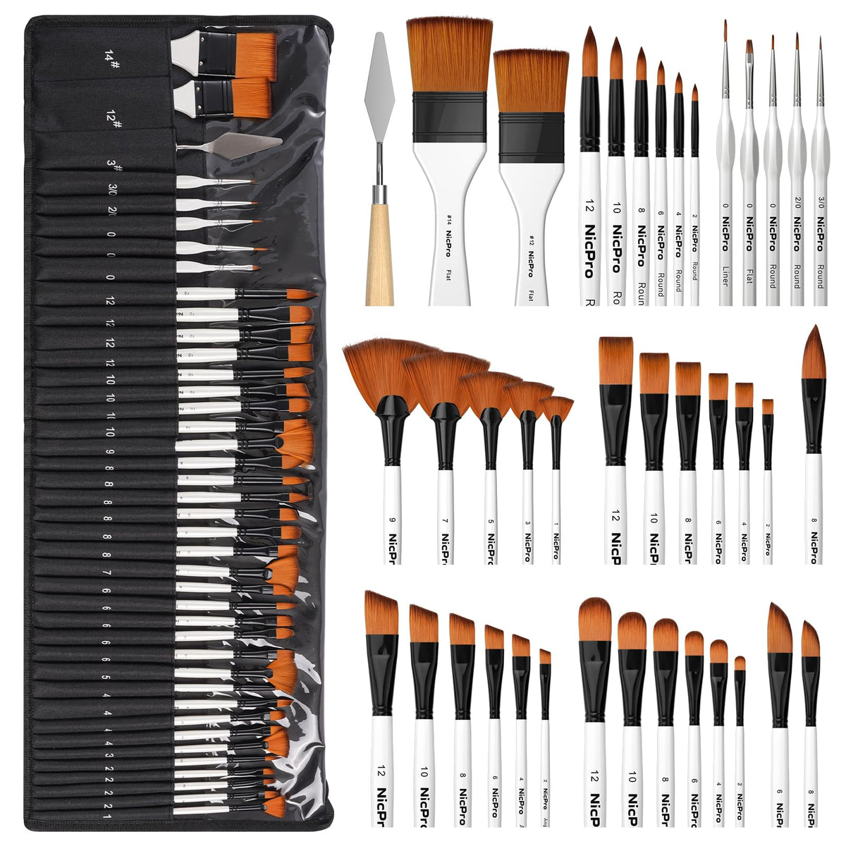 Nicpro 40 PCS Paint Brush Set, Professional Acrylic Paint Brushes