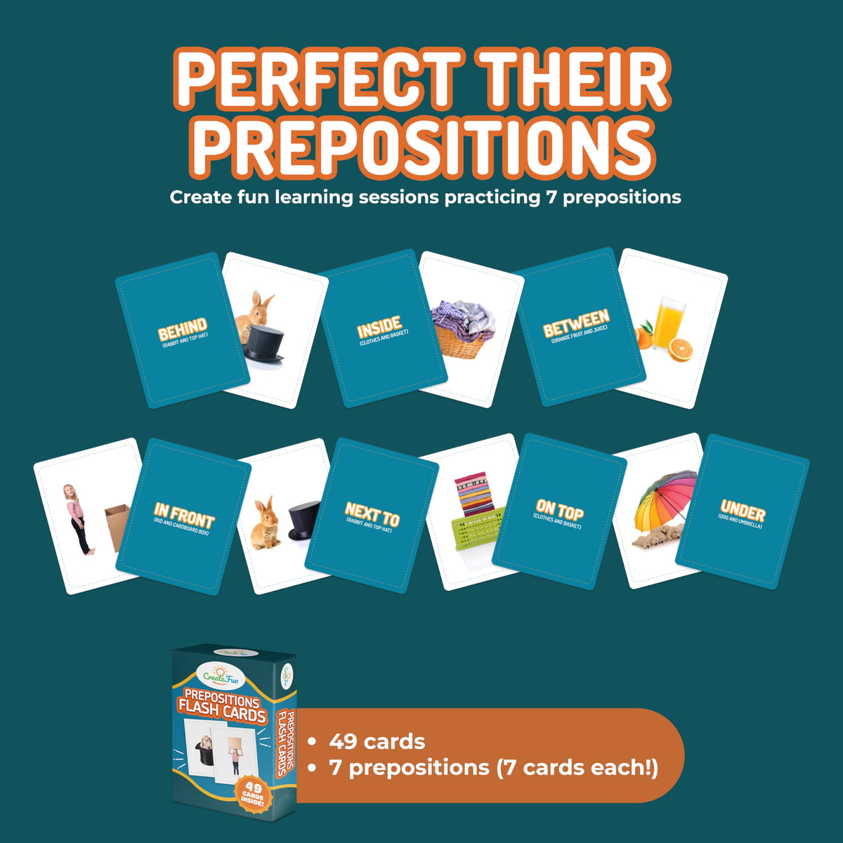 CreateFun 49 Preposition Flash Cards for Kids, School, Adults, ESL & Autism