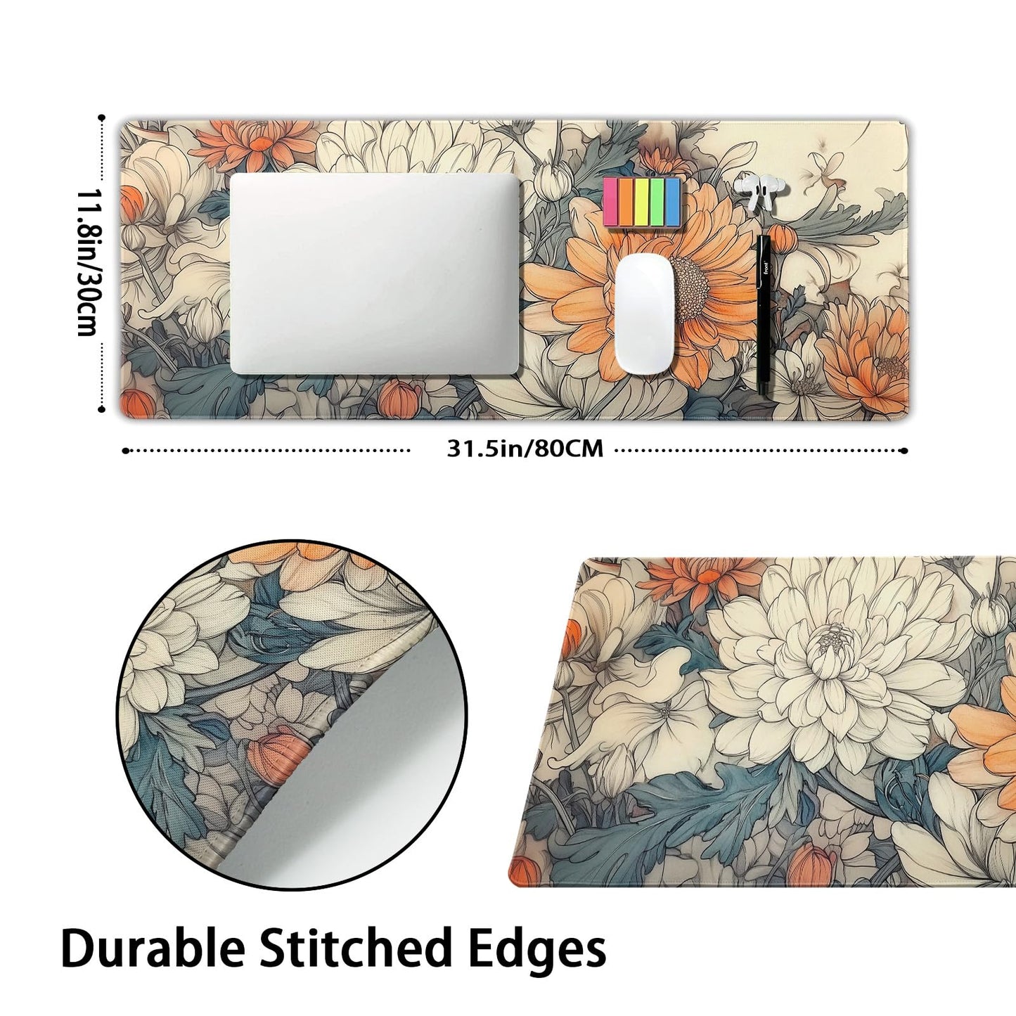 Minimalist Floral Gaming Mouse Pad XL White Orange Aesthetic Flowers Japanese Extended Large Mat