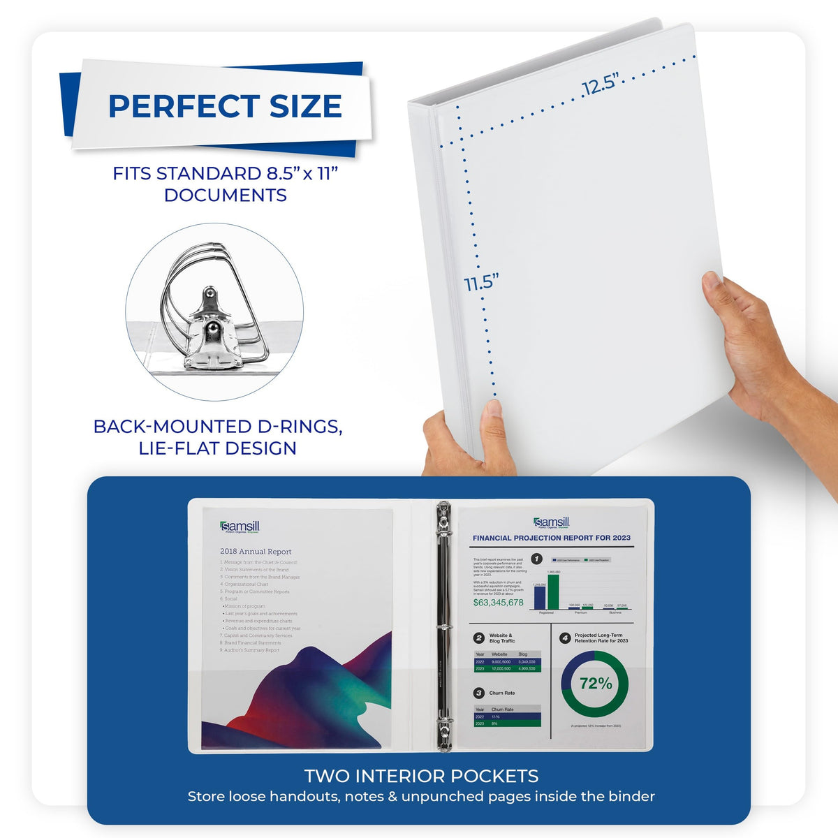 Samsill Durable 0.5 inch 3 Ring Binder, D Ring Binder, 100% Recycled Chipboard, White, 4 Pack
