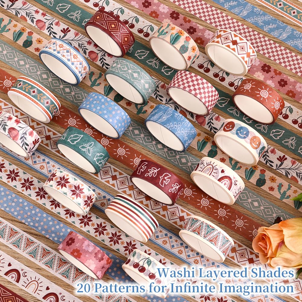 icceemee 20 Rolls Bohemia Theme Washi Tape Set,Writable Decorative Tapes for Scrapbooking, Junk