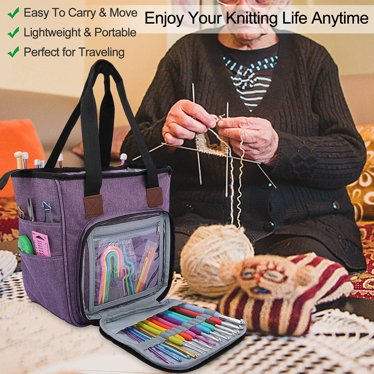 Coopay Crochet Bag w/Shoulder Strap, Yarn Storage Knitting Tote Bag-Purple