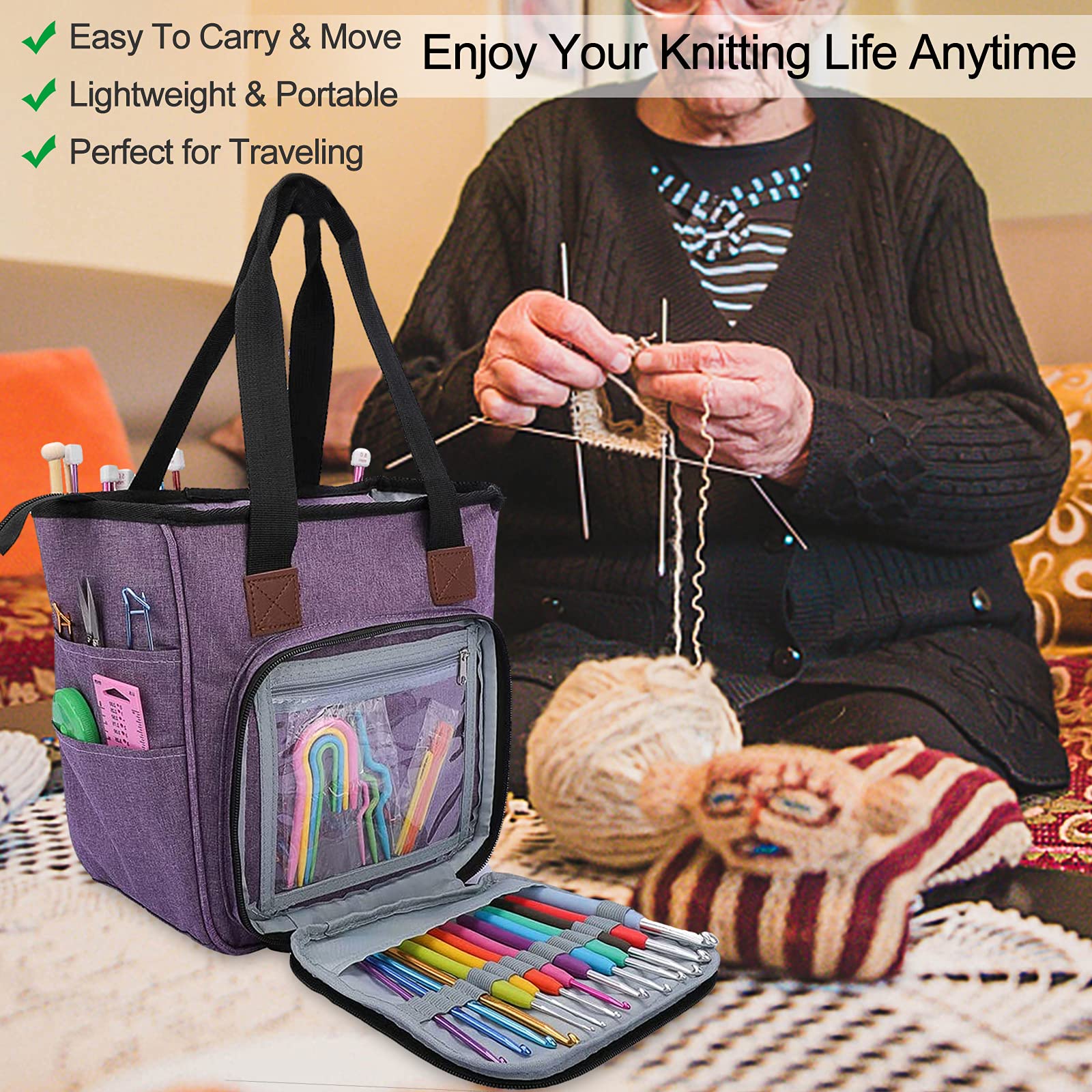 Coopay Crochet Bag w/Shoulder Strap, Yarn Storage Knitting Tote Bag-Purple